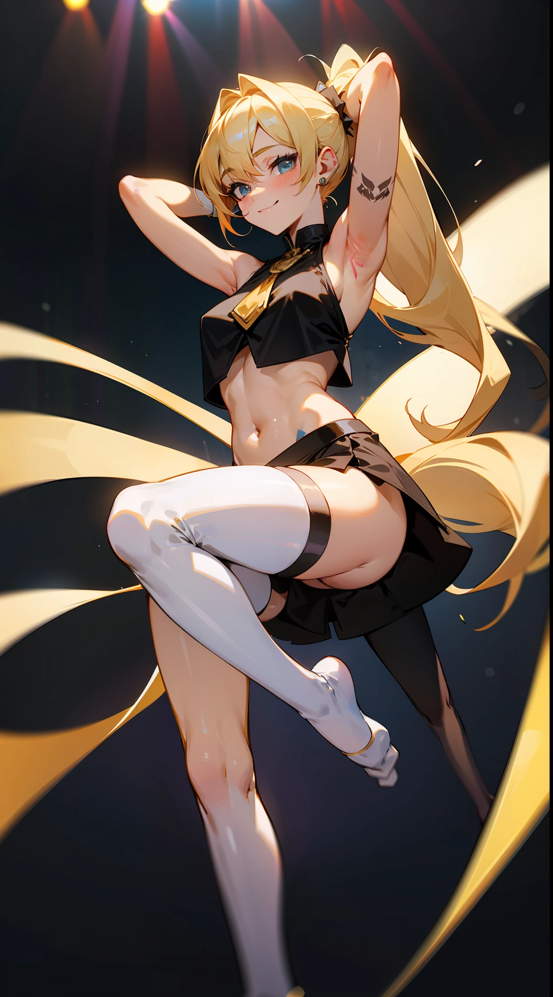best qulity, 8K,A woman,blonde hair,long way hair,(Double ponytail),(Low-cut crop top),Road chest,Belly button,(microskirt),(Right leg black stockings),(Left leg white silk stocking),(without shoes),(White silk gloves),ear ring,ear studs,(Lots of tattoos),Armpits,A seductive smile,Place one hand behind your head,On stage,(lifting one leg),(Raise your legs),(One word horse pose)