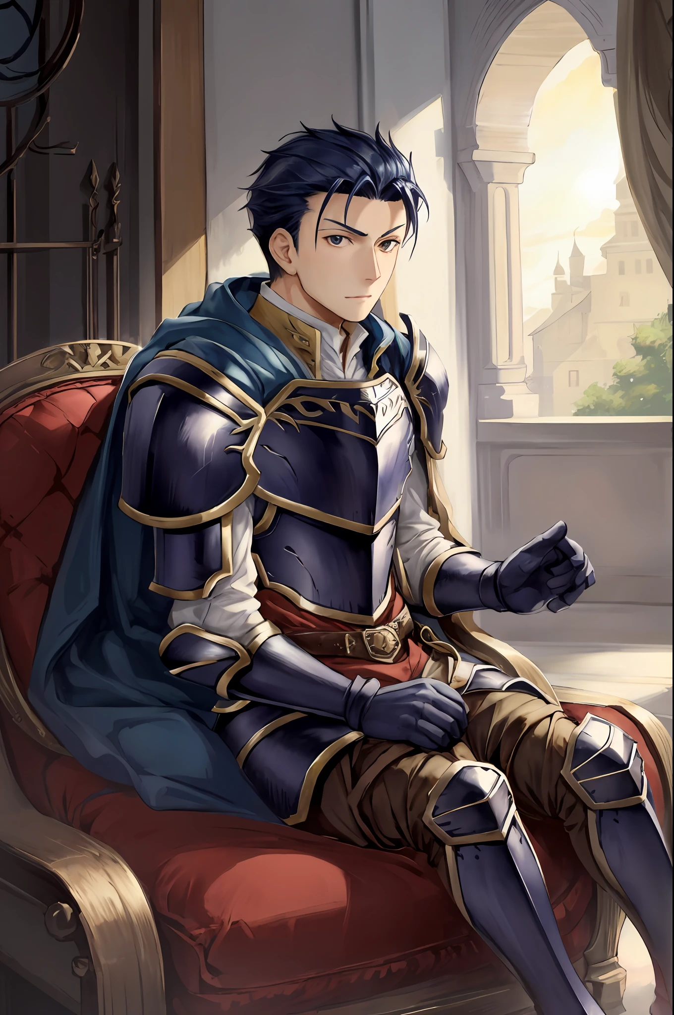 Hector Fey， 独奏， looks at the viewer， Grimm，abhor， mitts， 1boys， Sit（Sit straddled），Male focus， capelet， Armour， Shoulder armor， Dari bawah