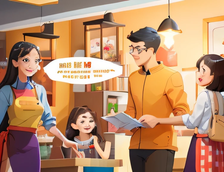 there is a cartoon picture of a family in a restaurant, Commercial illustration, childrenbook illustration, full page illustration, mapo tofu cartoon, digital illustration -, textbook illustration in clolour, Cartoon illustration, an illustration of, Children's book illustration, childrenbook illustration, illustration], Fanart, exciting illustration, Flat illustration, Detailed 2D illustration, cartoon style illustration