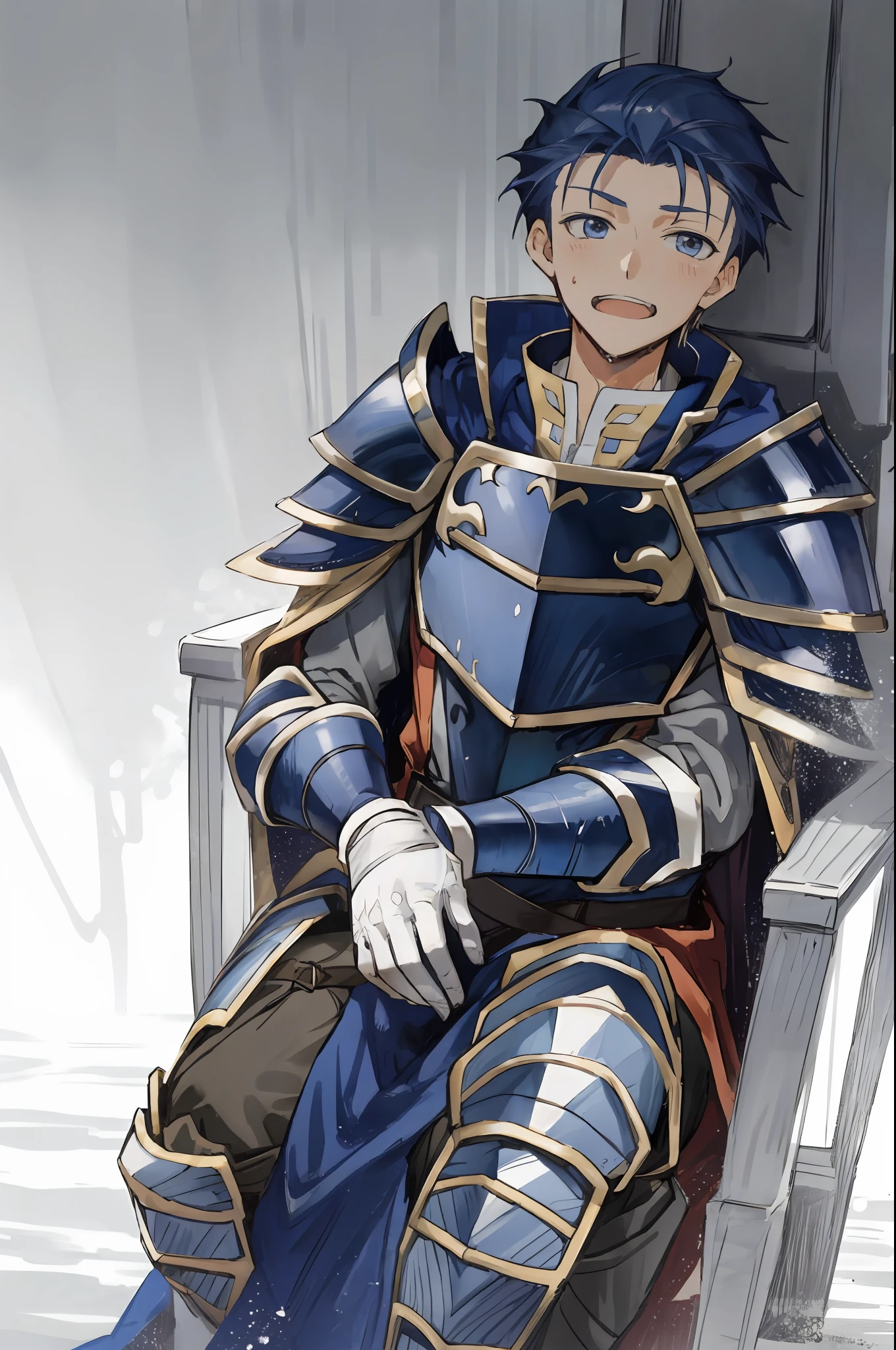 Hector Fey, 独奏, looks at the viewer, Teasing laughter, Open your mouth,droolng,perspire,Drenched,Get wet,mitts, 1 man, Male focus, Sit straddled(sitting in chair),Cloak, Armour, Shoulder armor, pov from below
