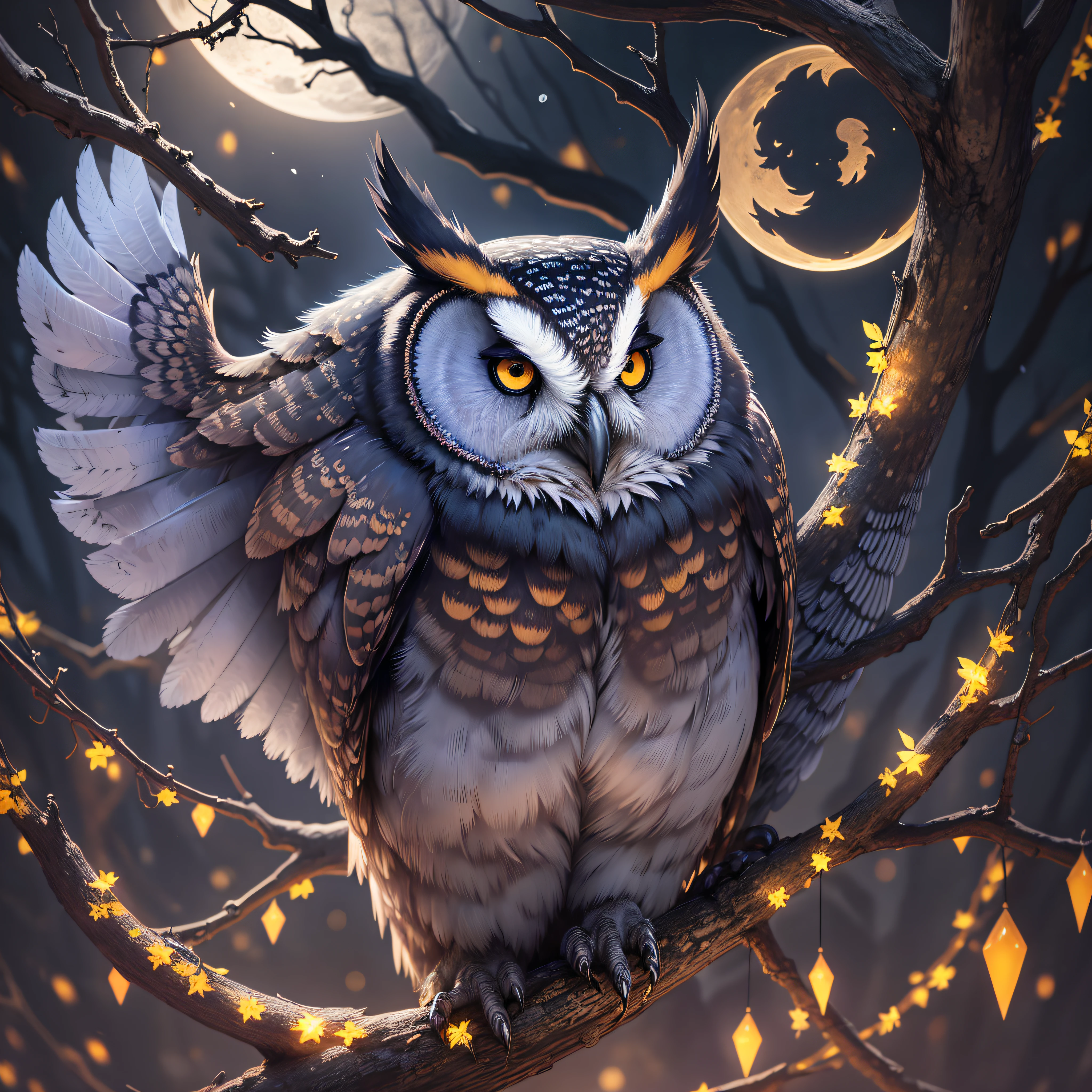 "Midnight Owl": A mystical and nocturnal scene showcasing a majestic owl perched on a gnarled branch under a crescent moon, with an air of mystery and enchantment, perfect for a Halloween-themed t-shirt, Ultra realism, color field printing, high detail, UHD, 8k, anatomically correct, cinematic lighting 4d quality --auto --s2