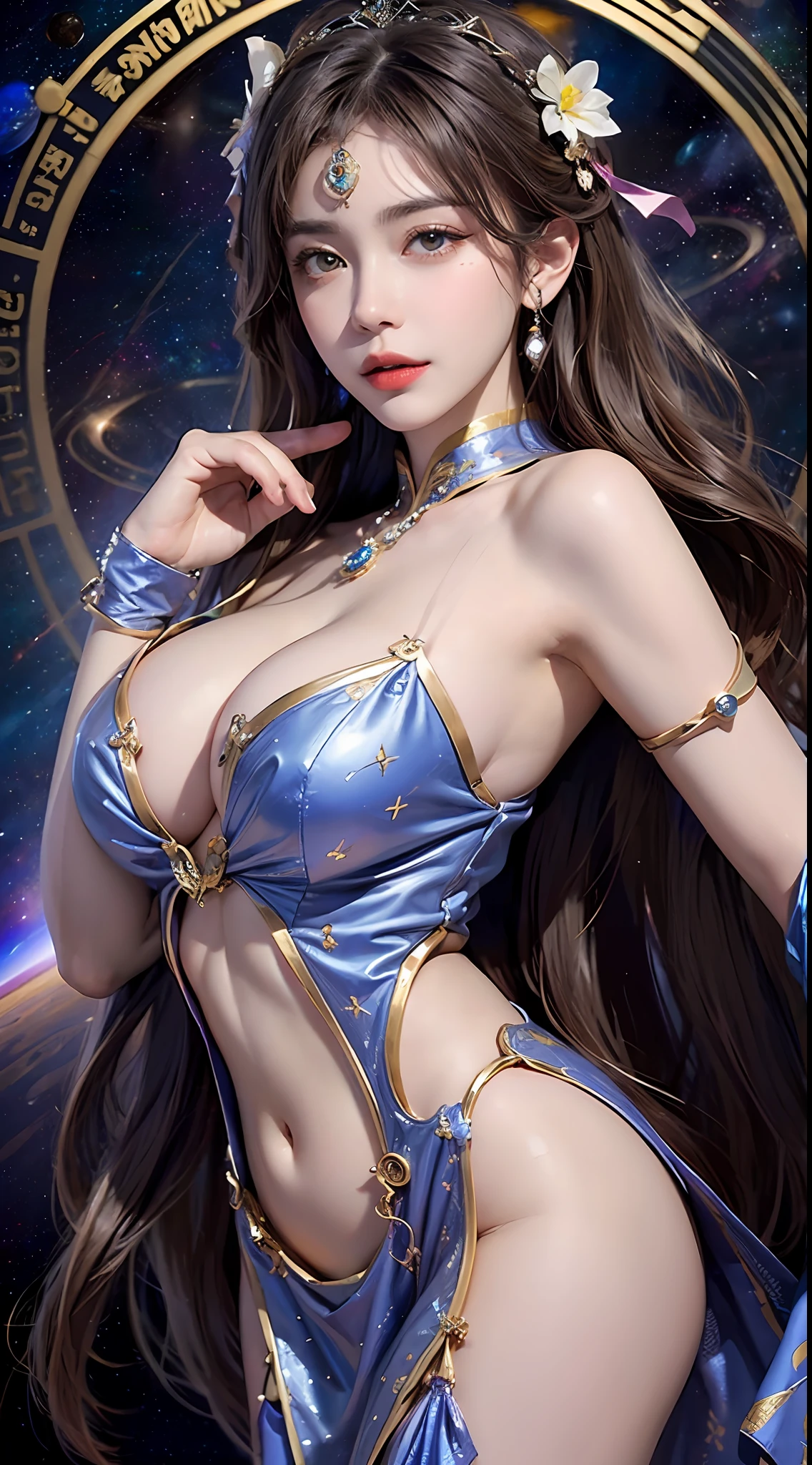 1 27-year-old girl, 1 zodiac goddess from the future, goddess of the pink and purple 12 zodiacs, the goddess of the zodiac in a yellow ao dai, a 12 zodiac ao dai with many black lace detail, mythology Goddess of the 12 zodiacs from the future, zodiac ♏, luxurious glittering zodiac style, dark and mysterious version, zodiac crown, lipstick lips red, thin and beautiful lips, don't smile, keep your mouth shut, characters made by karol bak and pino daeni, intricate detail, detailed background, extremely detailed, light magic, a woman, clear face, look at the face of goddess zodiac look at the zodiac goddess face, moderately large breasts, round breasts, Big and round breasts, hair long with bangs, beautiful face in detail and well-proportioned eyes, (transparent yellow eyes: 1.8), big round eyes and very beautiful and detailed makeup, foresight, silk dress, mysterious makeup, Bangles, double bangs and dyed light blonde, upper body, (zodiac goddess upper body: 1.9), arms hanging loosely, Realistic and vivid photo, (stars make up the zodiac: 1.7), (sky background zodiac and fictitious space and time portal: 1.8), fiction art, RAW photo, hanfu picture, best photo, high_res, best quality, best photo quality, 8k quality, 8k ultra, super realistic, real photo most economical, artistic portrait of goddess zodiac, ymbol of 12 zodiac signs on the back, single portrait of 1 zodiac goddess, The most realistic color scheme, the best photo color, masterpiece, hair ornament, necklace, jewelry, Beautiful face, upon body, tyndall effect, photo realistic, dark studio, rim lighting, two tone lighting, (high detailed skin:1.2), 8k uhd, dslr, soft lighting, high quality, volumetric lighting, candid, Photograph, high resolution, 4k, 8k quality, Bokeh, Smooth and sharp, increase the pixel by 10x, Charming zodiac goddess, sexy zodiac goddess, (background space:1.8), (galaxy: 1.7), aurora, lightning, (Auroral Background: 1.8),(Virgo zodiac sign: 1.8), <lora:locon_perfecteyes_v1_from_v1_