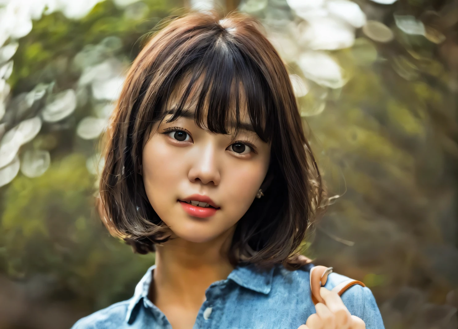 there is a woman with a blue shirt and a brown bag, with short hair, with short hair with bangs, park ji-min, neat hair with bangs, korean girl, lee ji - eun, lee ji-eun, Beautiful young Korean woman, Beautiful Korean Woman, Cute Korean Actress, heonhwa choe, Young adorable Korean face, shin min jeong