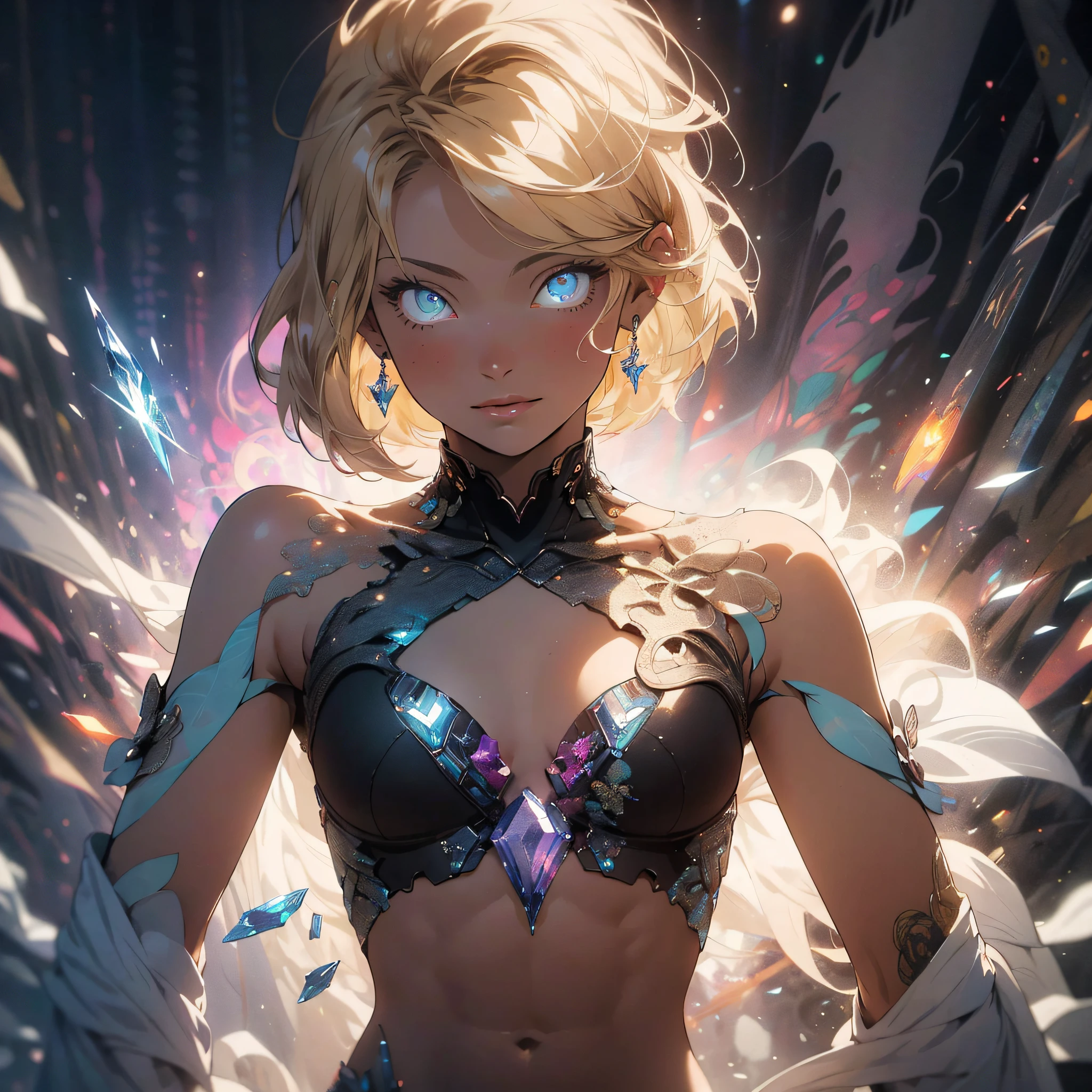 Realistic, (Masterpiece, Top Quality, Best Quality, Official Art, Beauty and Aesthetics: 1.2), Very Detailed, Fractal Art, Colorful, Most Detailed, Zentangle, (Abstract Background: 1.5) (1girl), God, Blonde Hair, Short Hair, (Glowing Blue Eyes), Pectals, Abs, Mysterious, (Magic), Crystal
