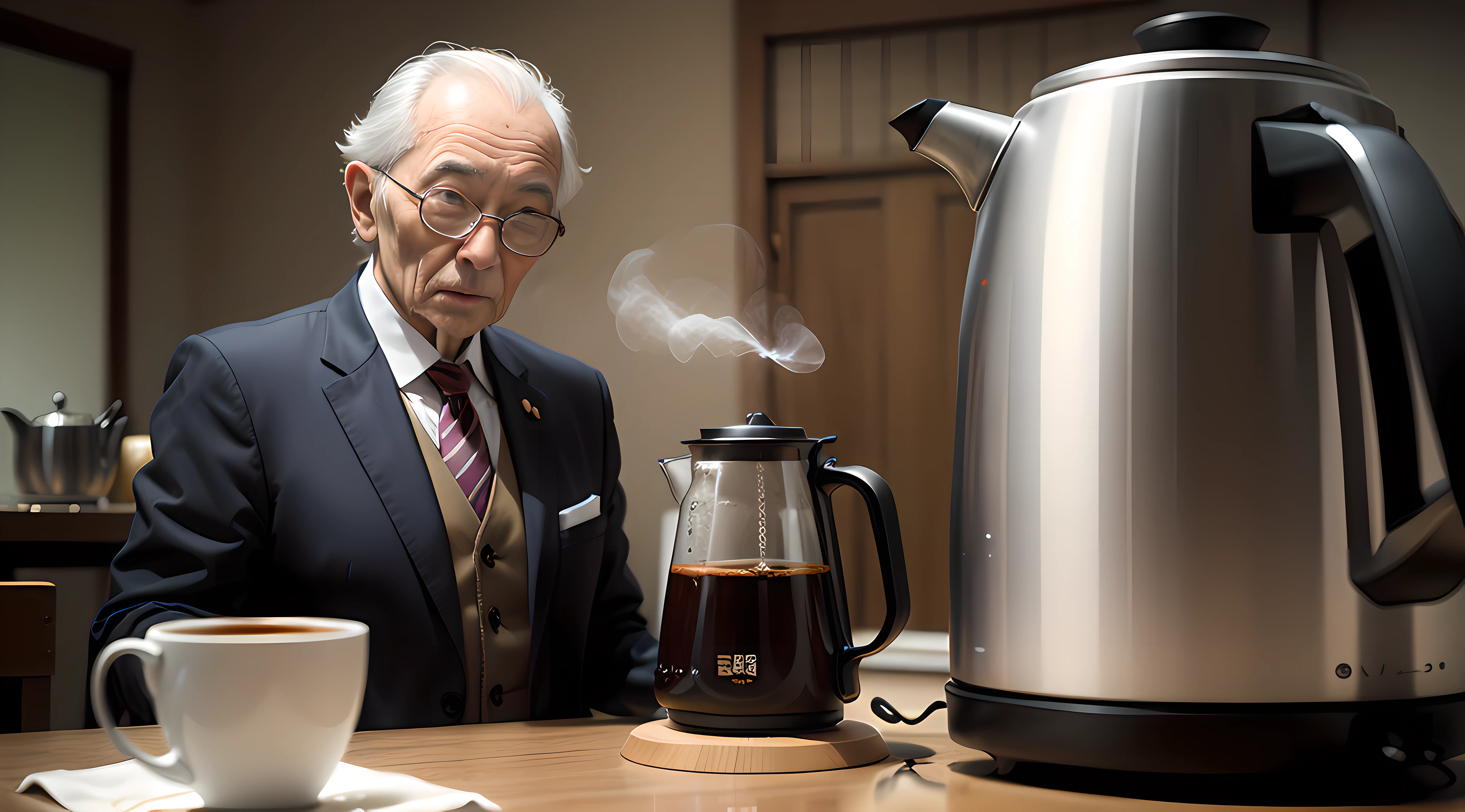 Hand-brewed coffee，Japanese-style，The old man wears a suit to make coffee，The coffee was steaming hot，Filter cloth，Filter bowl，Electric kettle，Long-spouted kettle，Movie mode