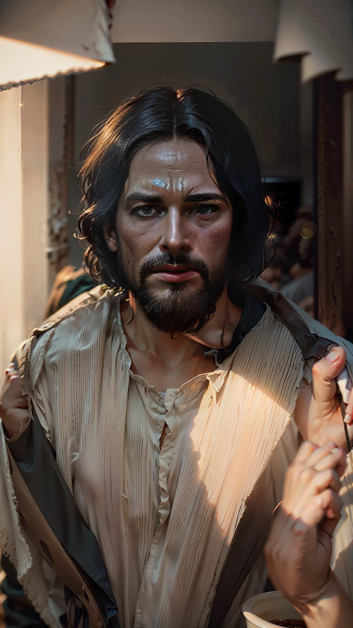 Jesus Christ, Jesus Christ of Nazareth. High detail, social realism, surrealism, depth of field, cinematic lighting, chromatic aberration, blurry, reflection light, ray tracing, JPEG artifacts, shadow, super detail, high detail, high quality, best quality, 16k --auto --s2