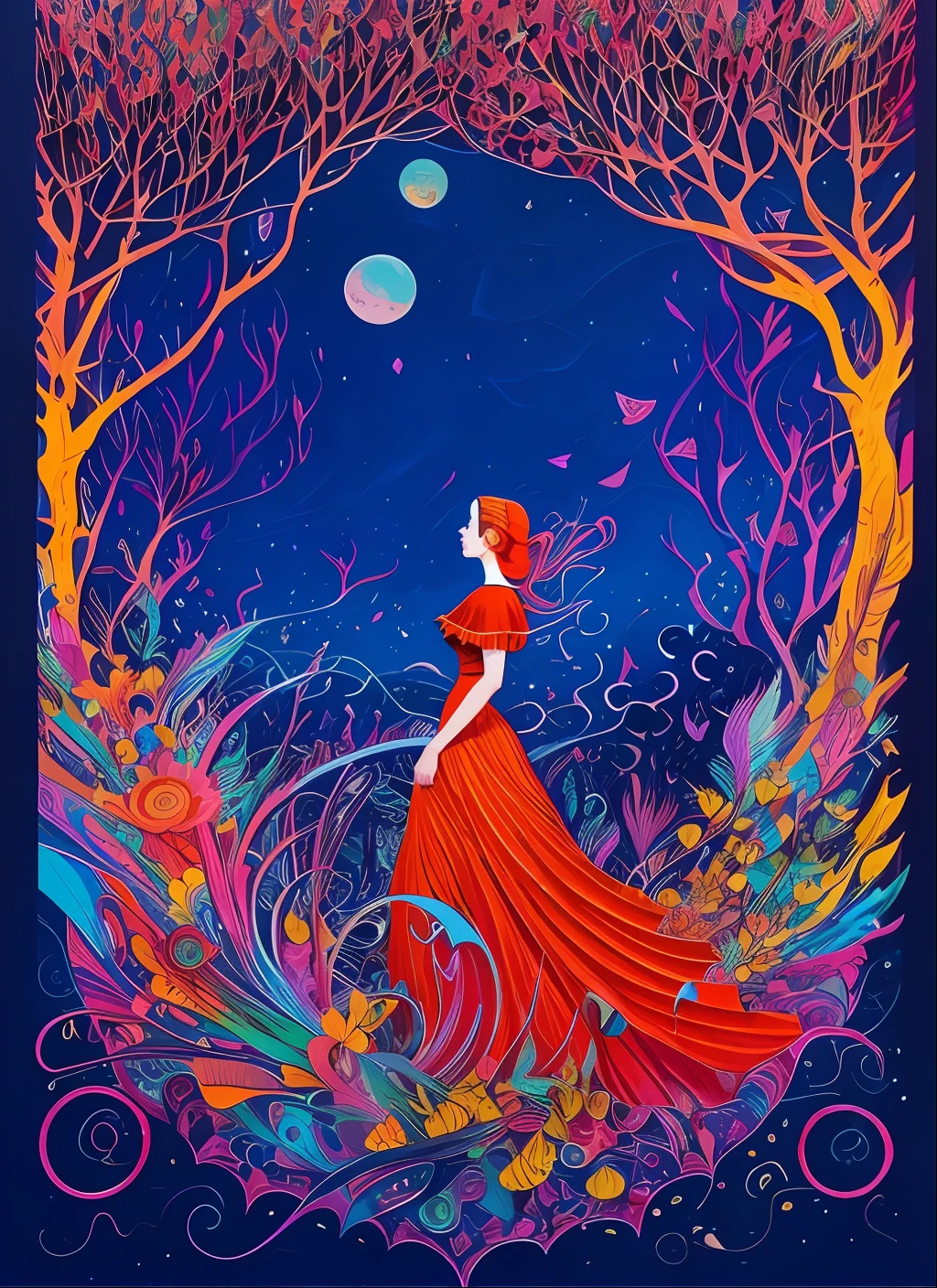 a woman in a red dress is standing in a forest, kilian eng vibrant colours, kilian eng vibrant colors, jen bartel, a beautiful artwork illustration, beeple and jeremiah ketner, lady with glowing flowers dress, exquisite digital illustration, colorful illustration, colorfull illustration, beautiful digital illustration, james r. eads, inspired by James Jean