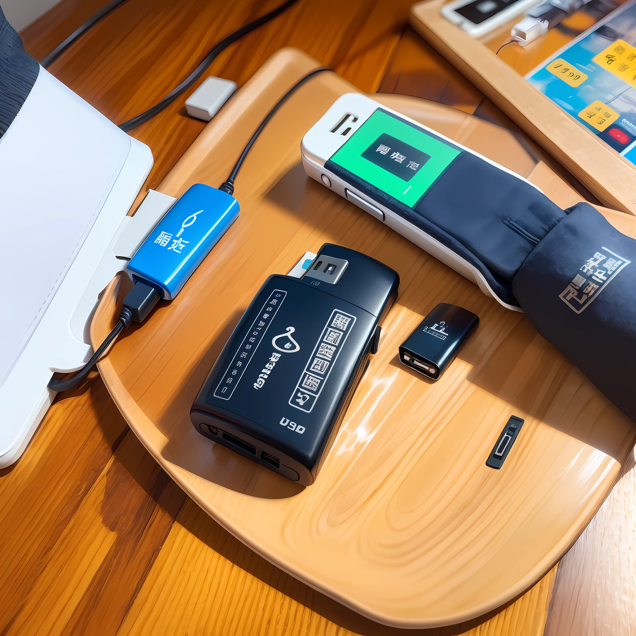 There is only one USB stick on the table，Do not appear any text symbols on the surface of the USB disk，A little decoration on the table，Give this USB stick a close-up，Overall bright style。