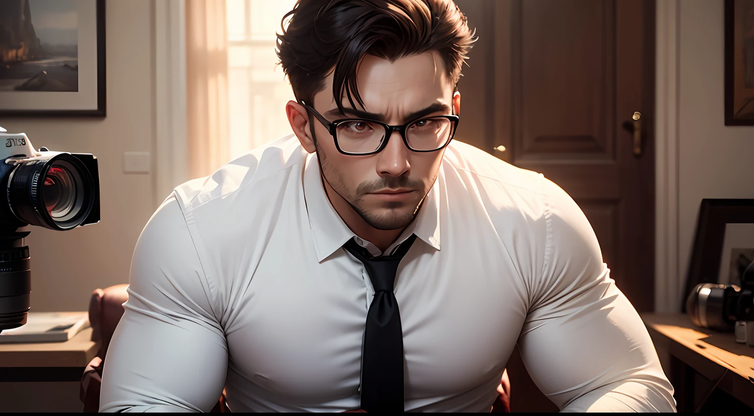 1man，A 30-year-old muscular man，With black-framed glasses，Wear a long-sleeved white shirt and tie，Upper body，softly lit，The Masterpiece，best qulity，8K  UHD，digital DSLR camera，filmgrain，Midjourney and greg rutkowski's Fujifilm XT3 realistic painting art --auto