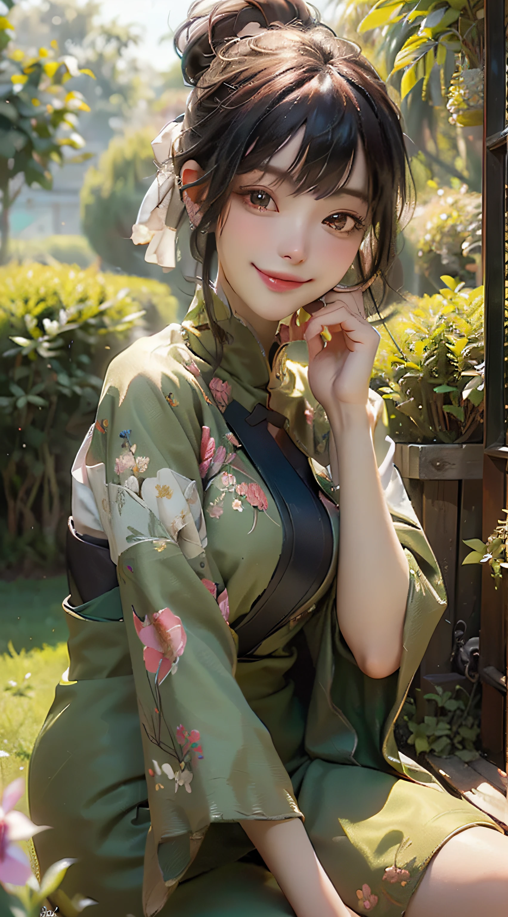 (best quality), (ultra-detailed), Nico Robin, elegant and beautiful,(1girl), surrounded by flowers and lush vegetation, a book in one hand, and a delicate and confident smile on her face.