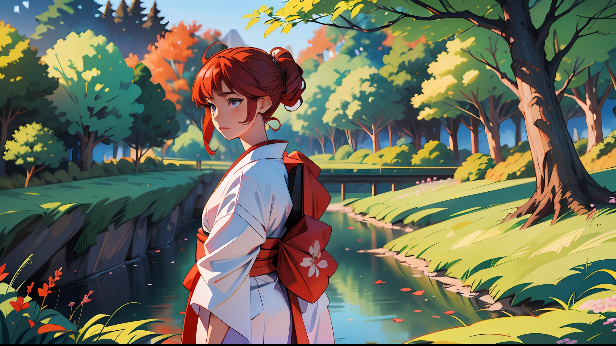 ((melhor qualidade)), ((obra-prima)), (altamente detalhado:1.3)a Japanese village from the Meiji era, with a lagoon with waters in transparent blue color, where you can see fish of various species, with a light rain, sun between clouds. With trees and bushes and a beautiful Japanese woman with blue eyes and reddish hair, wearing her traditional kimono, holding an orchid flower, all in anime style. --auto