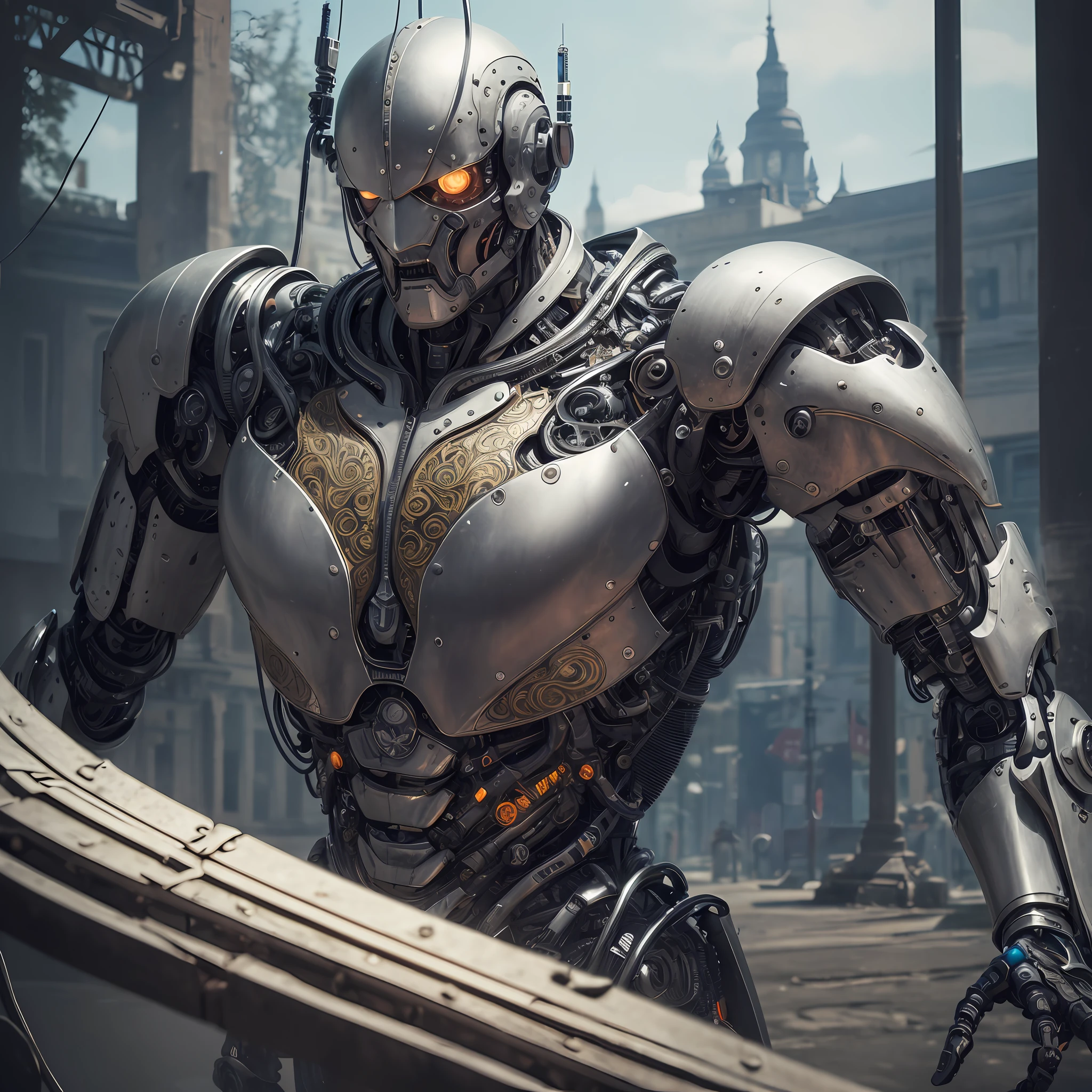 Cute Murazora man, The whole body is made of metal, (A cyborg:1.1), ([tail | Detailed wire]:1.3), (intricate detail), HDR, (intricate detail, hyper-detail:1.2), Cinematic Frame, vignette, in the center, “Hyper-realistic textures," "Exact Details,” “Realistic still life,” “Realistic portraits,” “Realistic landscapes."