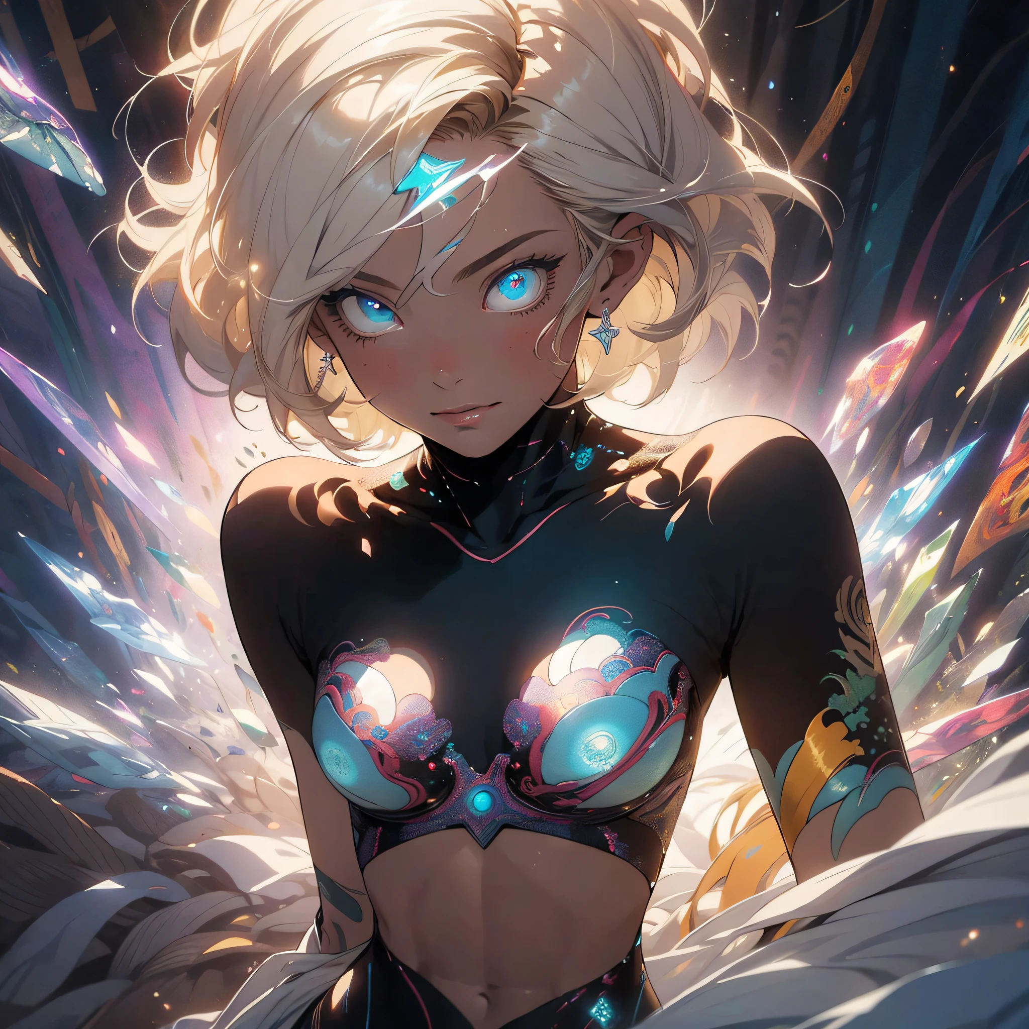 Realistic, (Masterpiece, Top Quality, Best Quality, Official Art, Beauty and Aesthetics: 1.2), Very Detailed, Fractal Art, Colorful, Most Detailed, Zentangle, (Abstract Background: 1.5) (1girl), God, Blonde Hair, Short Hair, (Glowing Blue Eyes), Pectals, Abs, Mysterious, (Magic), Crystal