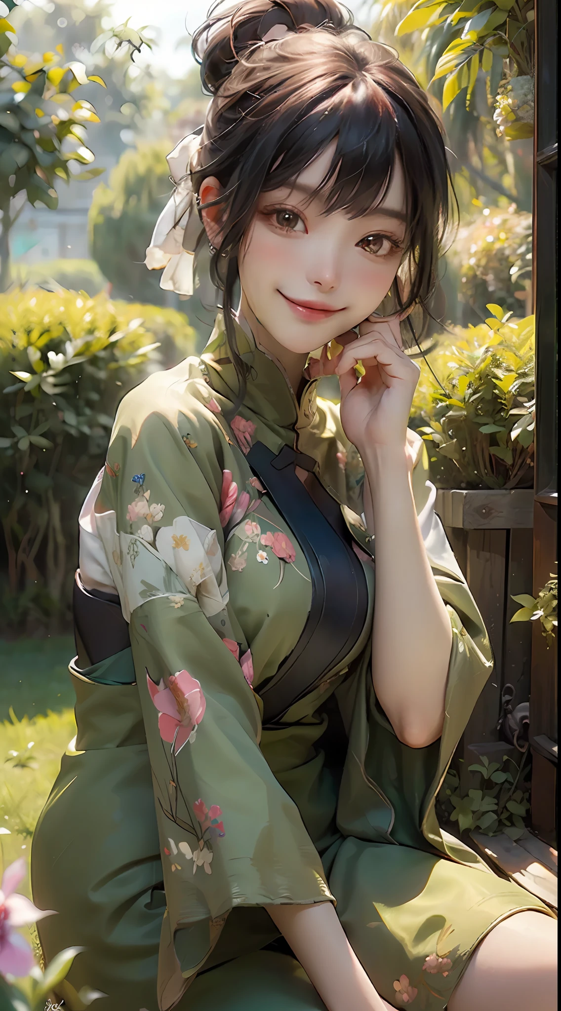 (best quality), (ultra-detailed), Nico Robin, elegant and beautiful,(1girl),  surrounded by flowers and lush vegetation, a book in one hand, and a delicate and confident smile on her face.