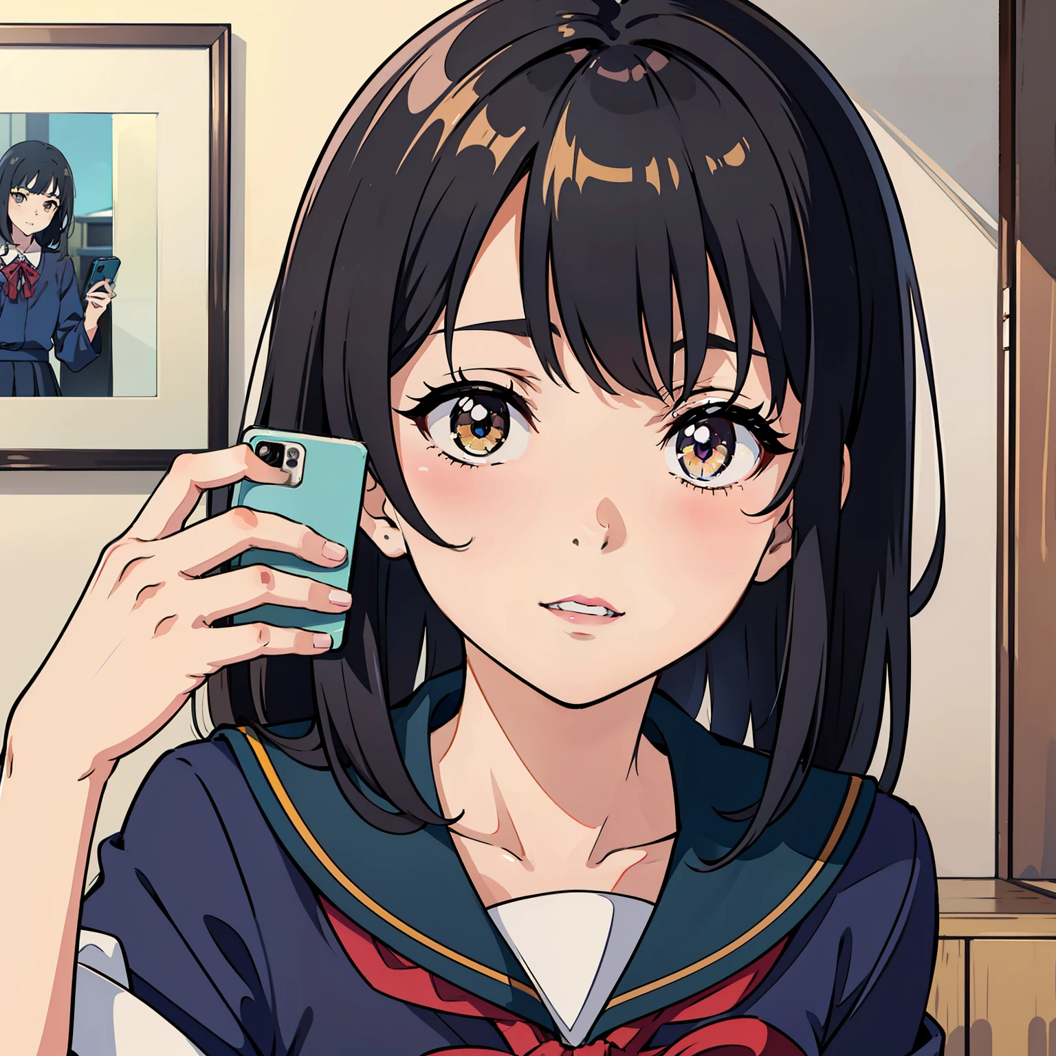 there is a woman that is taking a picture of herself, a picture by Sengai, Tumblr, tachisme, seifuku, japanese girl school uniform, wearing japanese school uniform, with index finger, she is holding a smartphone, Japan School Uniform, sakimichan, Urzan, Anime girl in real life, Kantai collection style