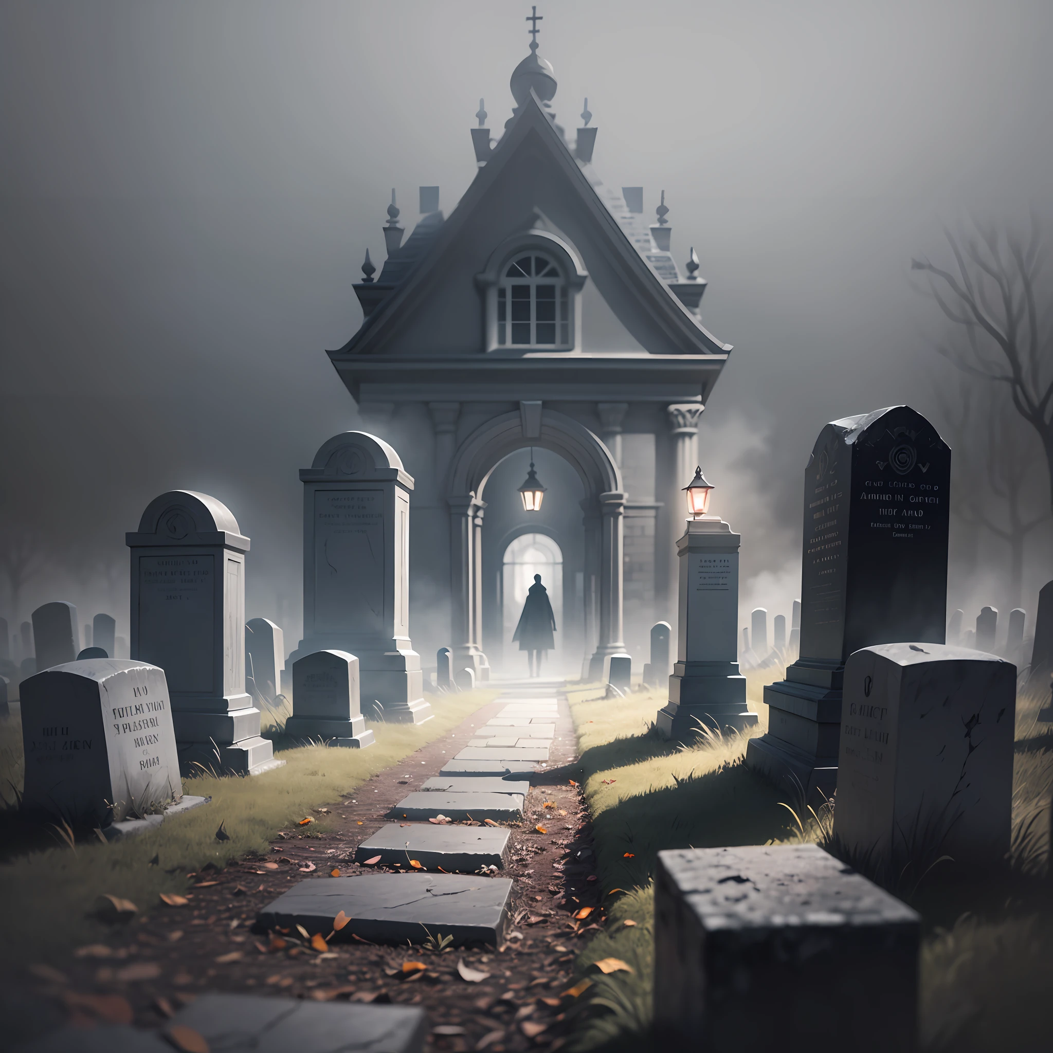 "Ghostly Hauntings": A minimalist and atmospheric image depicting ghostly apparitions floating among tombstones in a misty graveyard, with subtle shades of gray, capturing the eerie ambiance of Halloween night, Ultra realism, color field printing, high detail, UHD, 8k, anatomically correct, cinematic lighting 4d quality --auto --s2