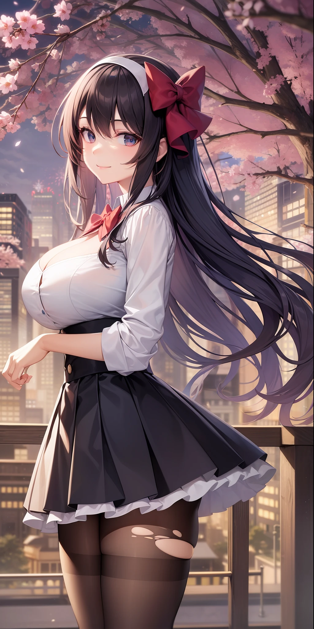 Dynamic angle, Floating, frils, Painting, Depth of field, Depth of field,nature,Beautiful detailed girl, Extremely detailed eyes and face, Beautiful detailed eyes,absurdities, incrediblyabsurdres, hugefilesize , Ultra-detailed, high - resolution, Extremely detailed,Long shot,Warm lighting,look viewer,Full body,Smile,Light smile,look viewer,Smile,Shy,Very long hair,Black hair,bangs,Floating hair,Huge breasts,looking back,Cleavage,Casual wear,Skirt,Pleated skirt,Very short miniskirt,white stocking,big breasts
White pantyhose,thighband pantyhose,Pantyhose,black silk stocking,Black pantyhose,Mary Janes,ribbon,gargantilha,hair ornament,Hair bow,torn thighhighs,Stockings,Lace,cherry tree,floating sakura,Fireworks,Detailed background,flying butterfly,cityscape scenery,sakuga