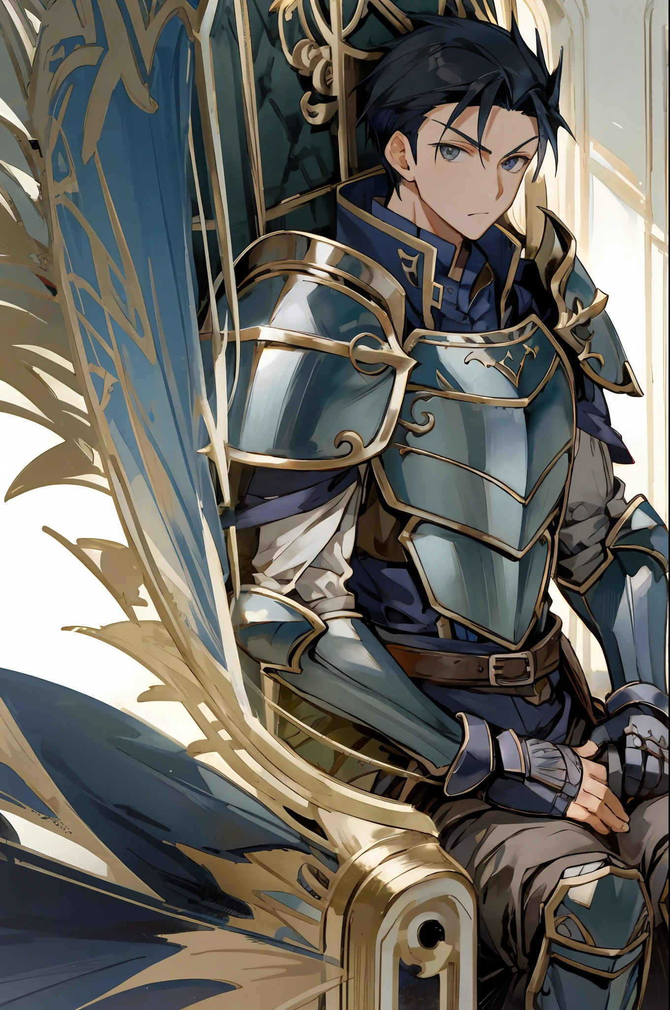 Hector Fey, 独奏, looks at the viewer, Grimm,abhor, mitts, 1boys, Sit(Sit straddled),Male focus, capelet, Armour, Shoulder armor, Dari bawah