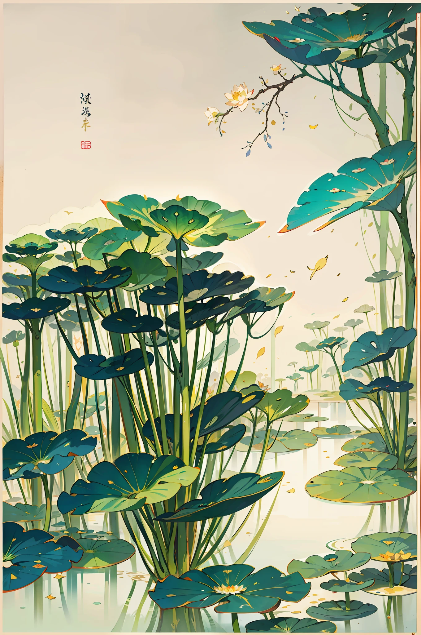 large lotus leaf,lotuses,Ink painting style,clean color,Ink style,Smudge,Leave white space,Freehand,The Masterpiece,Ultra Verbose,Epic composition, high qulity, Maximum quality,Lotus fairy,ancient wind,Dunhuang Flying Sky