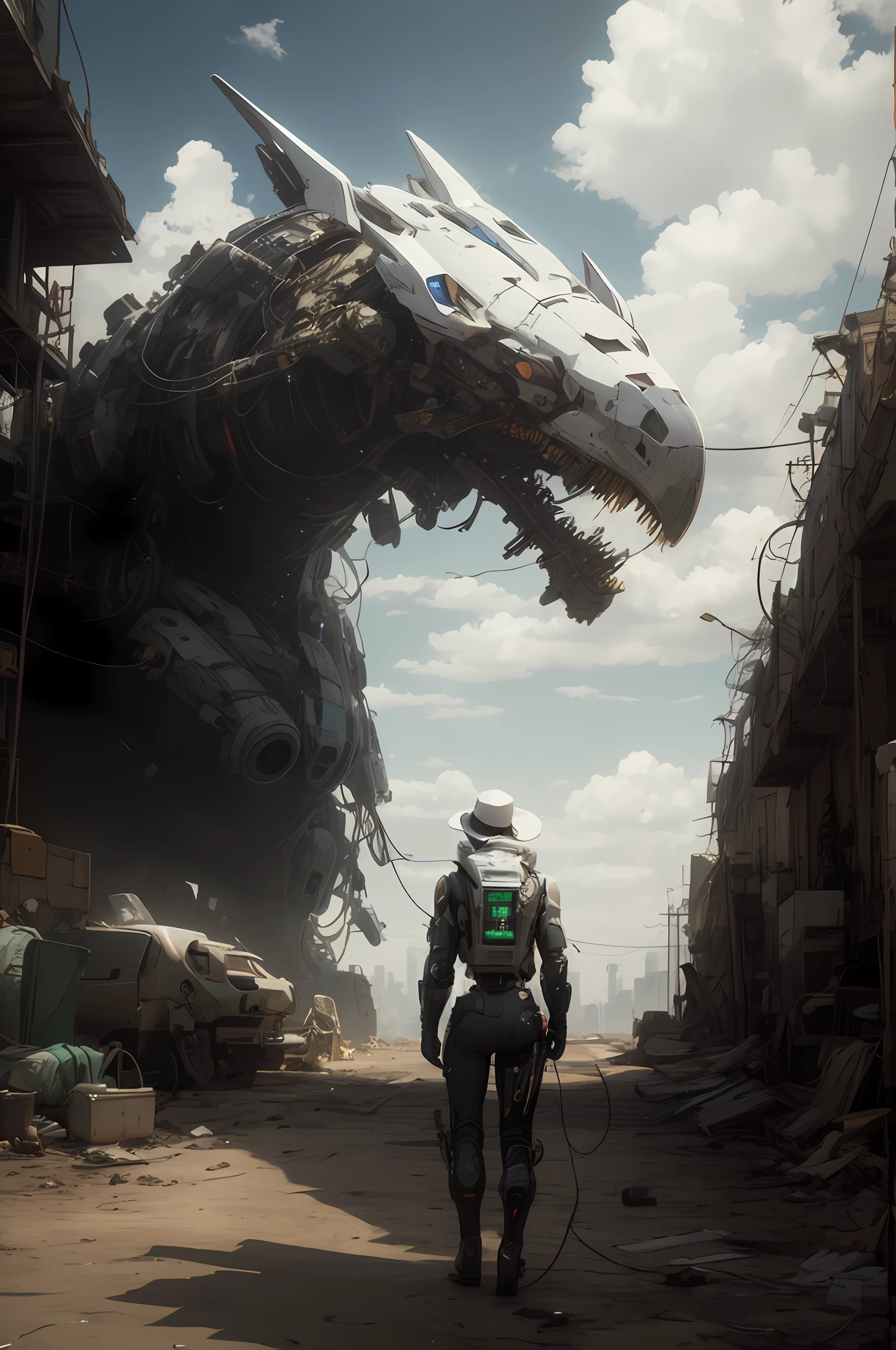 1mechanical_Girl_With_kidou_keisatsu_patlabor , Wearing_The intricate_bioluminiscent_Mechanically_Cyborg_Armor_Made_Out_de ((White_Beige_old_plastic)) , ((hyper-realistic details)), detailed nipples_face, global_illumination, tinta, octane_render, 8K, hyper big breasts_sharp, metalic, Ornaments_detailed, Cold_colour, egypician_Detail, highly_The intricate_details, Realistic_Light, trends_On_cgssociety, glowing_Eyes, look down on someone, ((From below)), lifted by self, look viewer, Neon Sign_details, Mechanically_fours, Blood_vessels_Connected_Lai_tube, ((lot_electric wires_And_Cables_Connectors_Lai_Head_And_Body)), killing_machine, extremely_Sexy, Lustful, Medium breasts, slutty , Official Wallpaper, NSFW In the style of Neon Genesis Evangelion, you find yourself standing on a desolate, post - apocalyptic wasteland, as the distant ruins of a massive city loom on the horizon. The sky is filled with ominous clouds, as a massive creature towers in the distance,arafed robot standing in front of a giant dragon in a city, wojtek fus, sci-fi illustrations, sci-fi illustrations, neil blomkamp film landscape, beeple and greg rutkowski, scifi art, award winning scifi art, beeple and jean giraud, stunning sci-fi concept art, 4K concept art,Cyber architecture,Cyberworld,doomsday