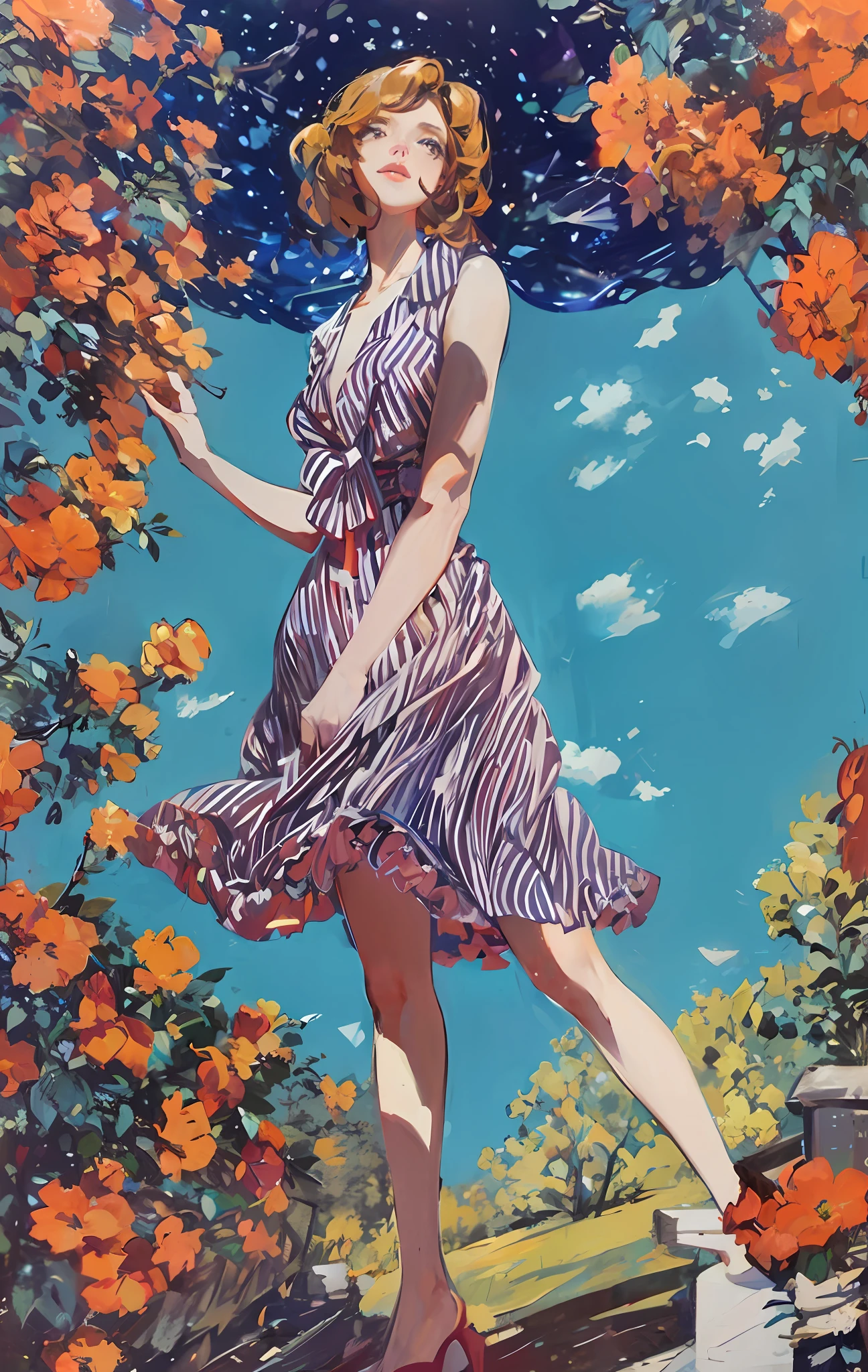 painting of a woman in a dress and hat standing in a field of flowers, inspired by Naomi Okubo, woman in flowers, inspired by Konstantin Somov, inspired by Eugène Grasset, girl in flowers, by Naomi Okubo, by Shinoda Toko, by Pamela Ascherson, by Yamagata Hiro, dressed in a flower dress
