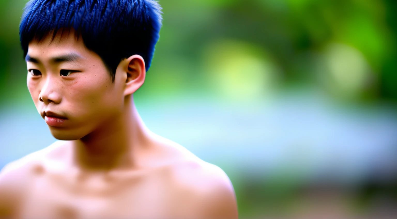 The story of a young disciple named Punna, homen, 22 anos, careca, magro, Chinese. Uma imagem em close-up do rosto de um idoso vietnamita, illuminated by the light of the sky, com uma floresta ao fundo.