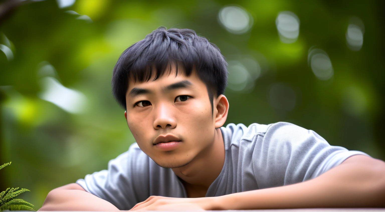 The story of a young disciple named Punna, homen, 22 anos, careca, magro, Chinese. Uma imagem em close-up do rosto de um idoso vietnamita, illuminated by the light of the sky, com uma floresta ao fundo.