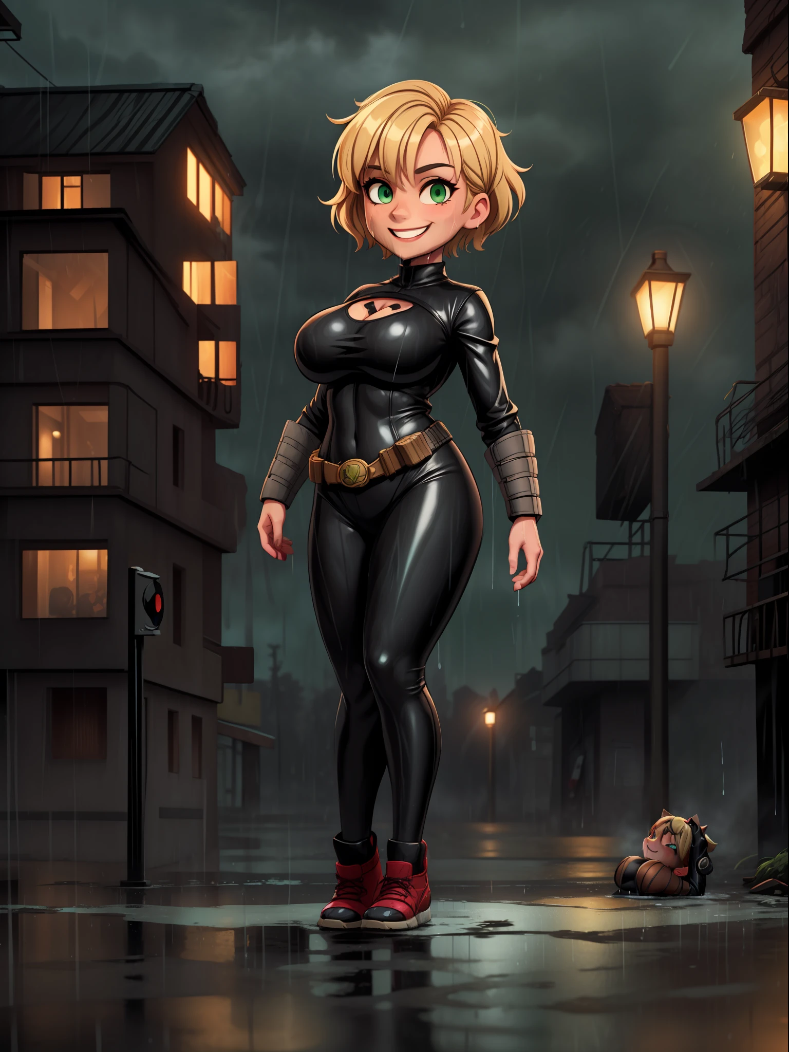 ((full body):1.5) ((1 female):1.2): wearing black superhero costume with blank parts, extremely tight on the body, extremely large and firm breasts, very short blonde hair, green eyes, looking at the spectator, smiling, she is standing, leaning against a light pole, macabre city, night, ((heavy rain, bandits around):1.2).16k, high quality, high details, UHD,