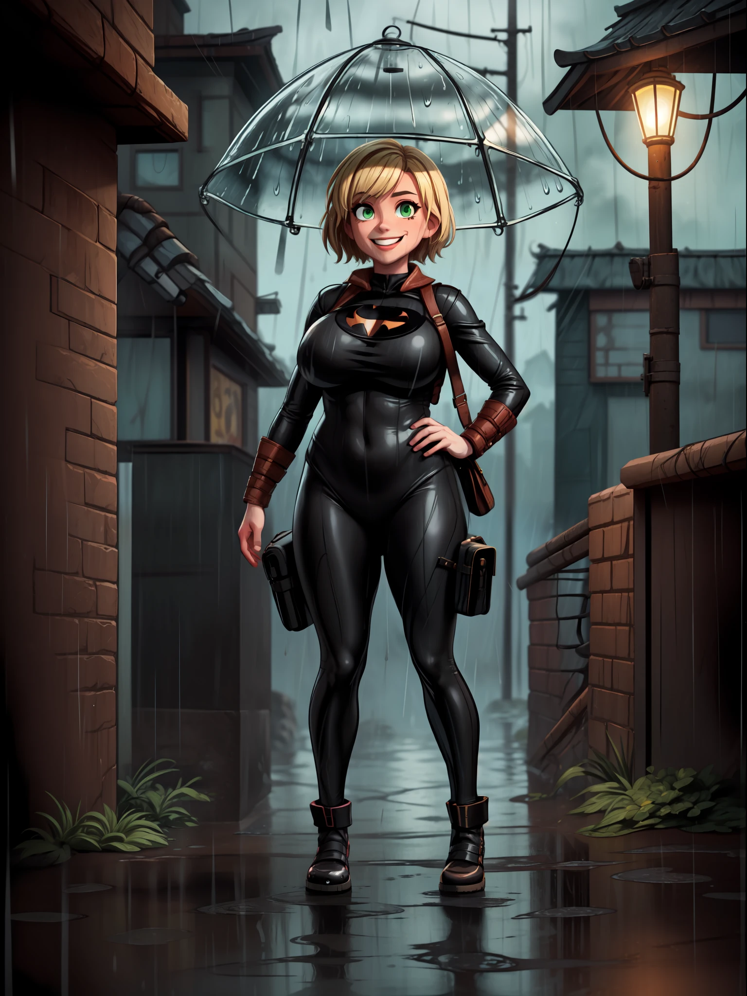 ((full body):1.5) ((1 female):1.2): wearing black superhero costume with blank parts, extremely tight on the body, extremely large and firm breasts, very short blonde hair, green eyes, looking at the spectator, smiling, she is standing, leaning against a light pole, macabre city, night, ((heavy rain, bandits around):1.2).16k, high quality, high details, UHD,