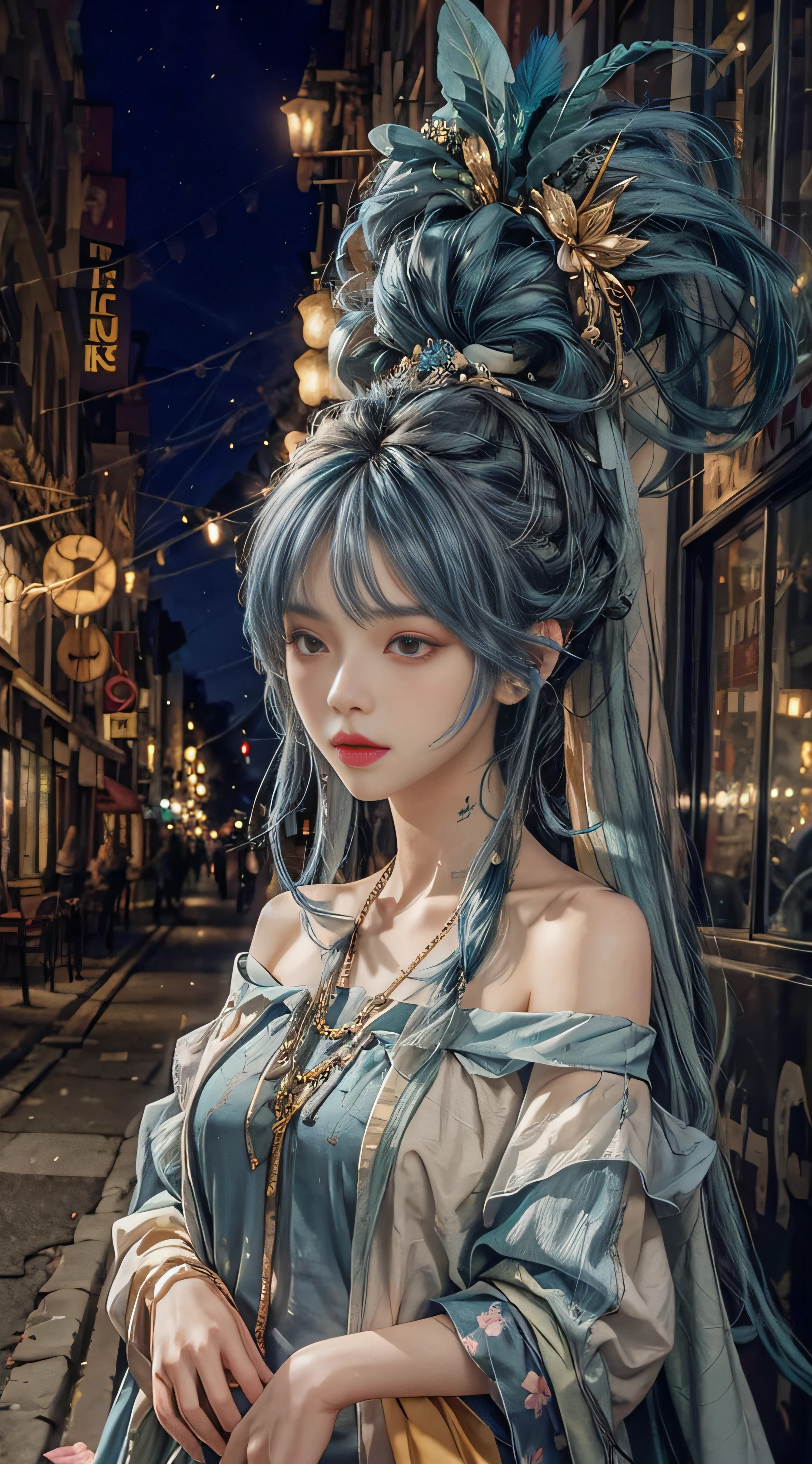1 girl, hoodie, blue hair, extra long hair, off-the-shoulder, feather hair ornament, headphones around the neck, city, night, outdoors