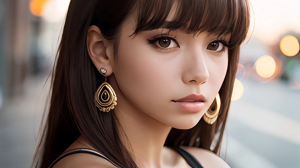 1girl, solo, brown hair, brown eyes, looking at viewer, long hair, blurry background, portrait, closed mouth, bangs, jewelry, lips, earrings, bare shoulders, blurry, f/1.8, 135mm, Nikon, 8k, 8k --auto
