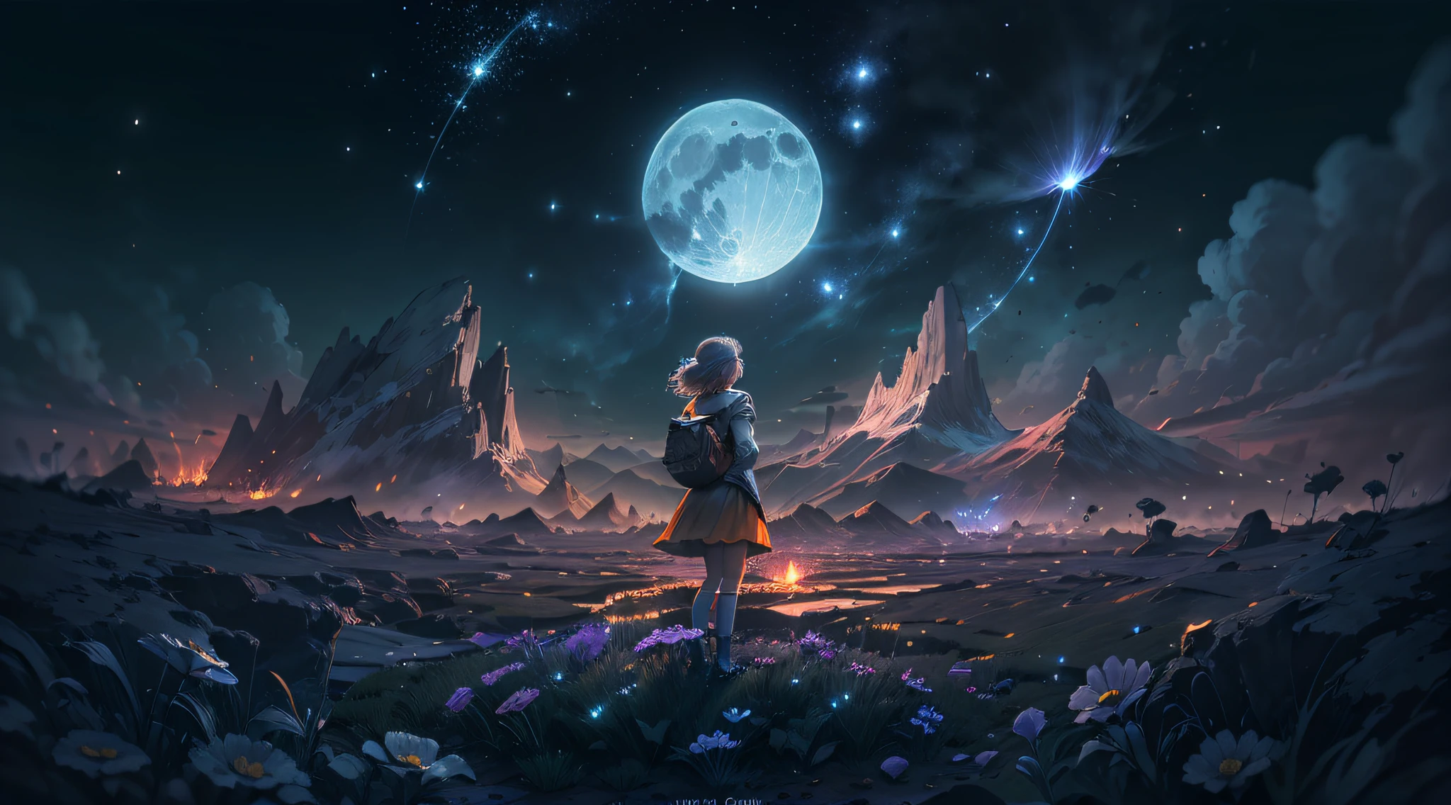 Vast landscape photo, (viewed from below, the sky is above and the open field is below), a girl standing on a flower field looking up, (full moon: 1.2), (meteor: 0.9), (nebula: 1.3), distant mountains , Trees BREAK Crafting Art, (Warm Light: 1.2), (Fireflies: 1.2), Lights, Lots of Purple and Orange, Intricate Details, Volumetric Lighting, Realism BREAK (Masterpiece: 1.2), (Best Quality), 4k, Ultra-Detailed, (Dynamic Composition: 1.4), Very Detailed, Colorful Details, (Rainbow Colors: 1.2), (Glow Lighting, Atmospheric Lighting), Dreamy, Magical, (Solo: 1.2)