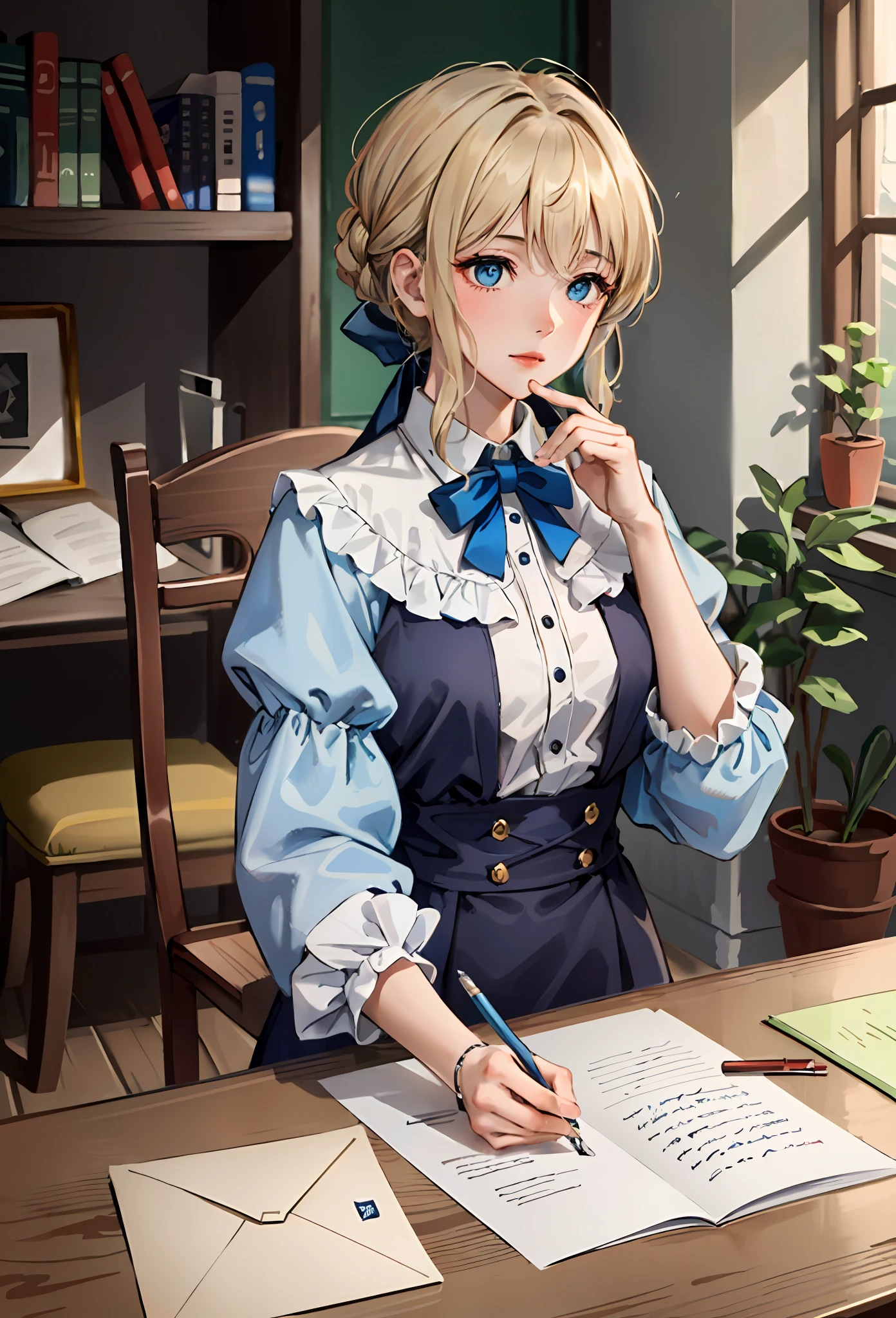 (masterpiece, Top quality, Best quality, officlal art, Beautiful and aesthetic:1.2), (1girls), extremely detailed details,Slightly raised chest，During the Day，inside room，den，desk，envelop，violet，1lady，blonde  hair，shorter hair，hair strand，Violet Evergarden，Violet Evergarden，violet，Automatic handwriting dolls，（Blue-green eyes，Beautiful sapphire-like eyes），Glazed eyes，English dress，sitting in chair，unexpressive，bow one's head，Look at the table，Writing a letter，unexpressive，Mechanization of the hands，perfectly shaded，Light and shadow reflection