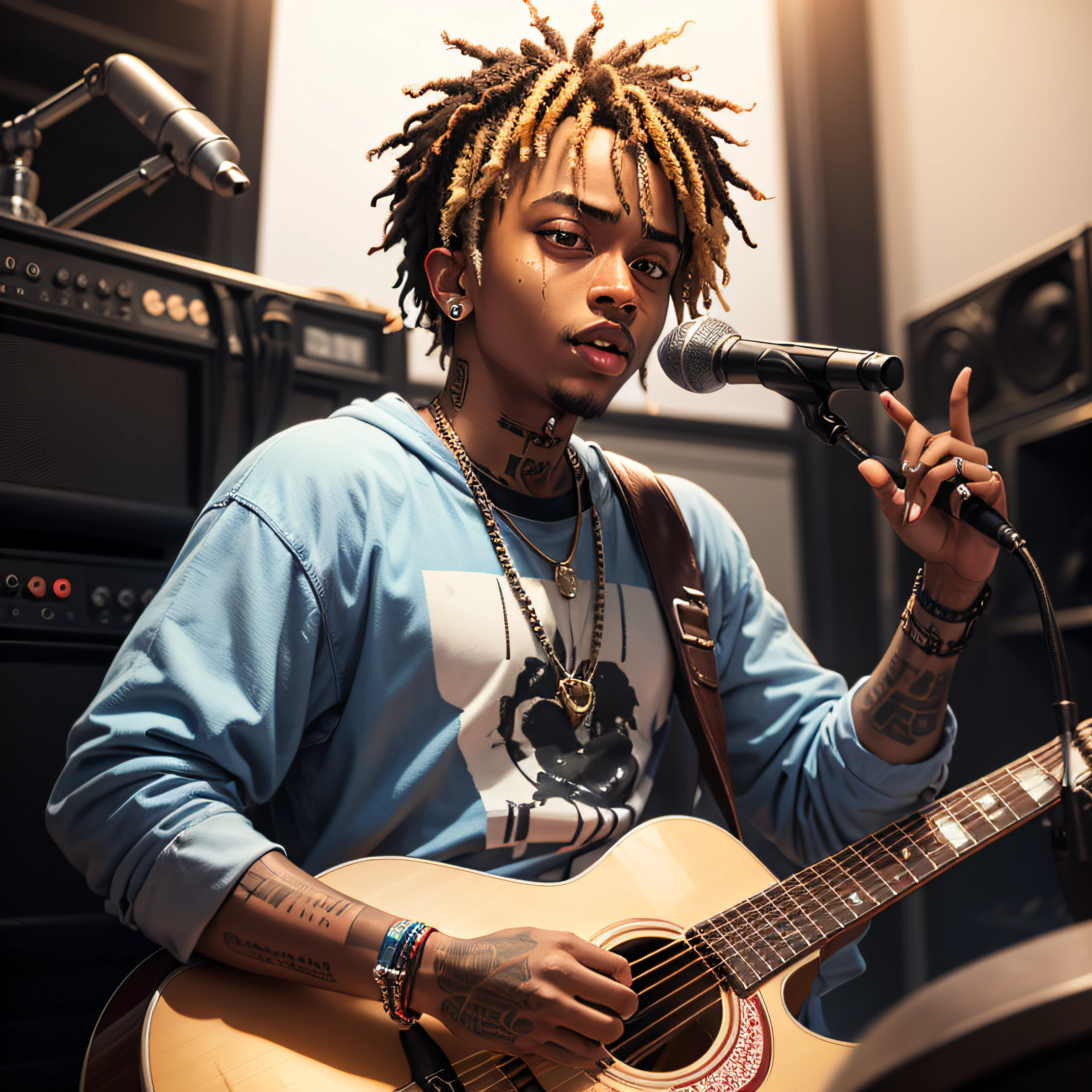 Make a thumbnail with image size of 1280x720 inspired by the rapper Juice WRLD playing an acoustic guitar --auto