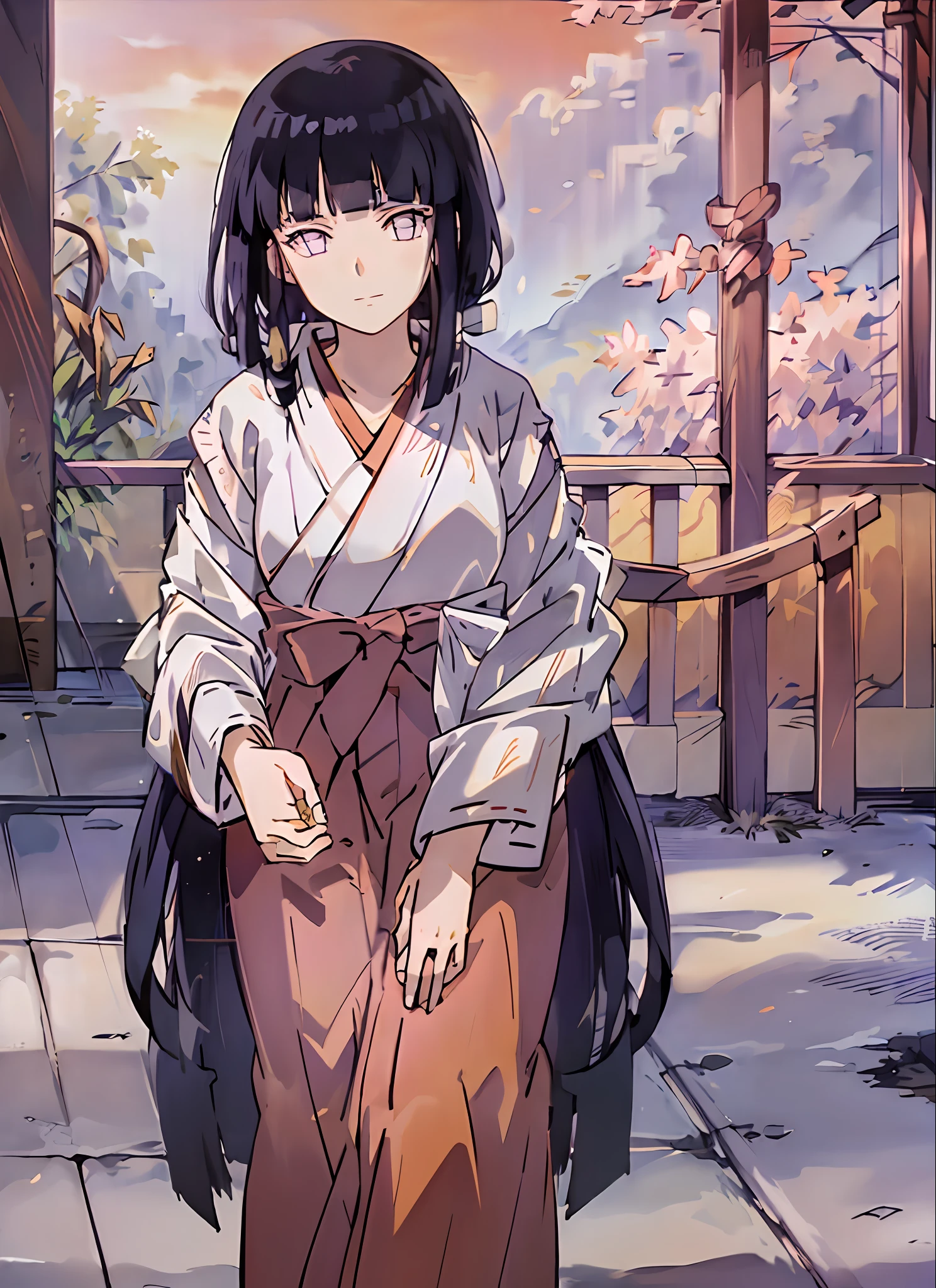 masterpiece, (((purple eyes))), ((red and white kimono)), cowboy shot, ((full body)), perfect eyes, perfect face, perfect lighting, indoors, colored sky, slight smile, blunt bangs, dark blue hair, hinata as kikyo