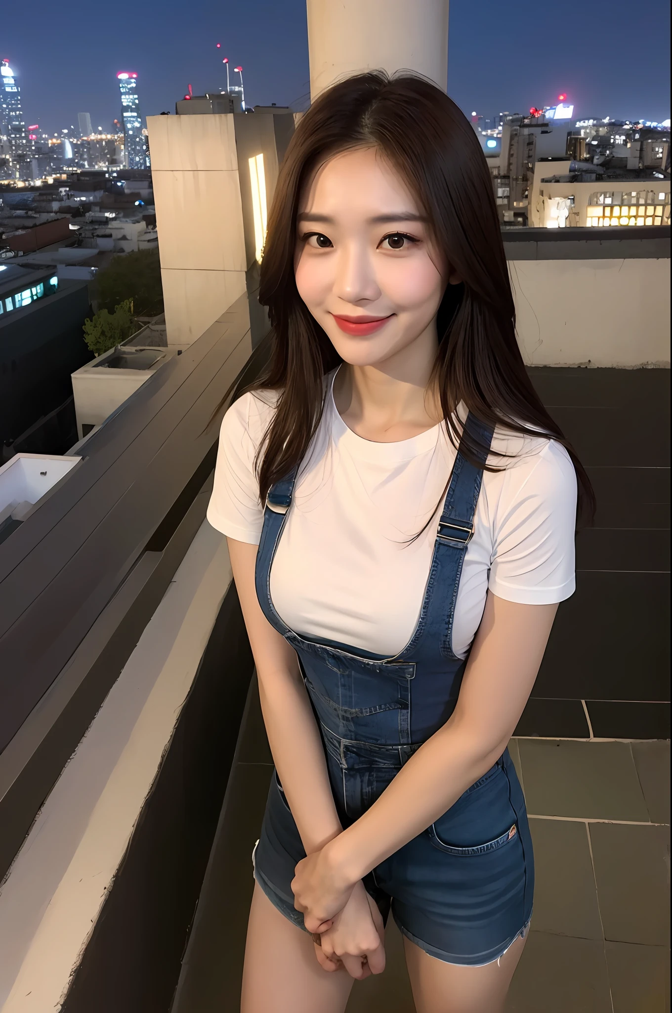 ((Midnight, Best quality, 8k, Masterpiece :1.3)), Whole body, Long legs, Sharp focus :1.2, A pretty woman with perfect figure :1.4, Slender abs :1.1, ((Dark brown hair, Big breasts :1.2)), (White tight t-shirt, jean bib, standing:1.2), ((Night city view, Rooftop:1.3)), Highly detailed face and skin texture, Detailed eyes, Double eyelid, slightly smile