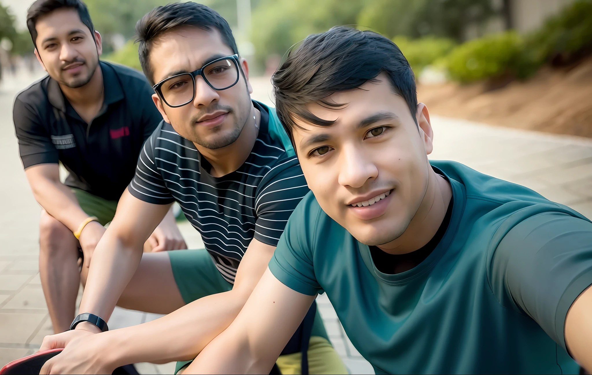 three men sitting on a bench with a skateboard in front of them, candid picture, very very low quality picture, profile pic, very clear picture, very accurate photo, with accurate face, portait photo profile picture, candid photo, ghutra and egal, photo taken in 2 0 2 0, photo taken with canon 5d, ash thorp khyzyl saleem