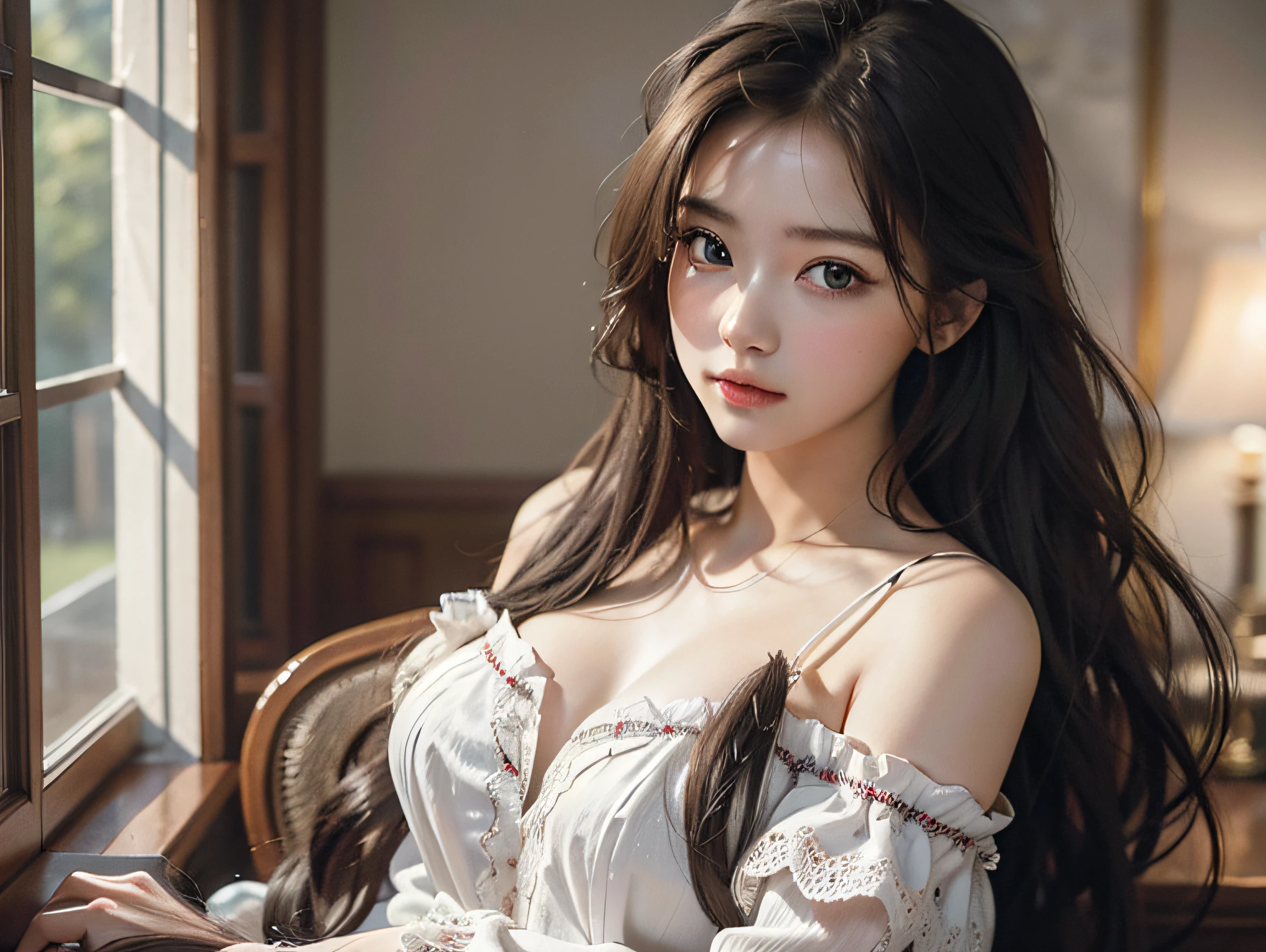 realistically， The whole body is in the shot， Lie down，opens legs，dark-hair， long way hair， Translucent lace bra， see-through thong，silk stockings，Collar，Bind your hands，greatly detailed，Blush face，very huge breast，Sexual arousal， sexual expressions， glossy skin，Temptation，Wet body，A couple --auto