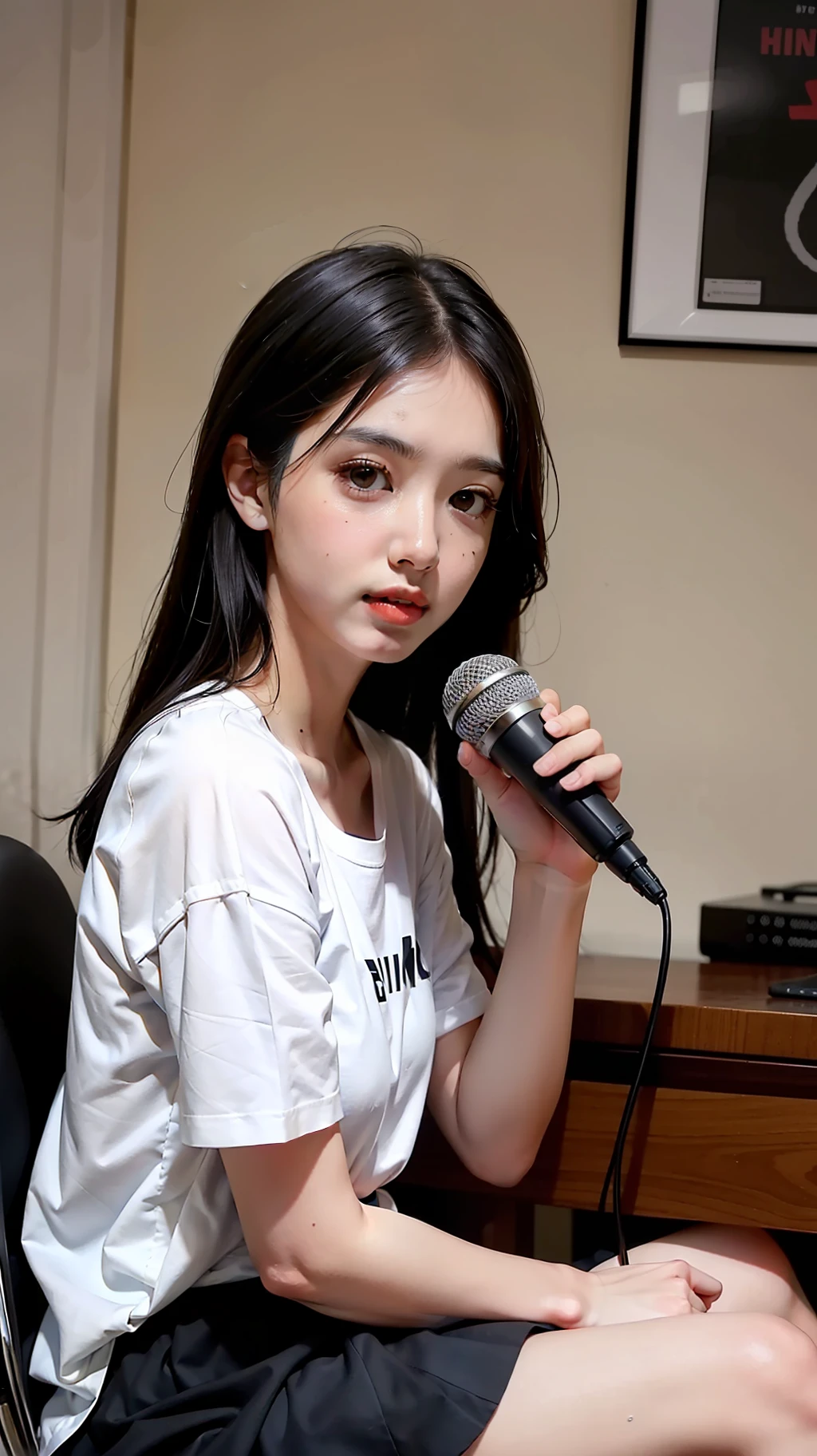 looking at camera, white t-shirt - black skirt girl, A beautiful girl, A girl in school dress, black hairs, A girl sitting on a chair, human, A girl with a microphone in front of her mouth, black eyes.