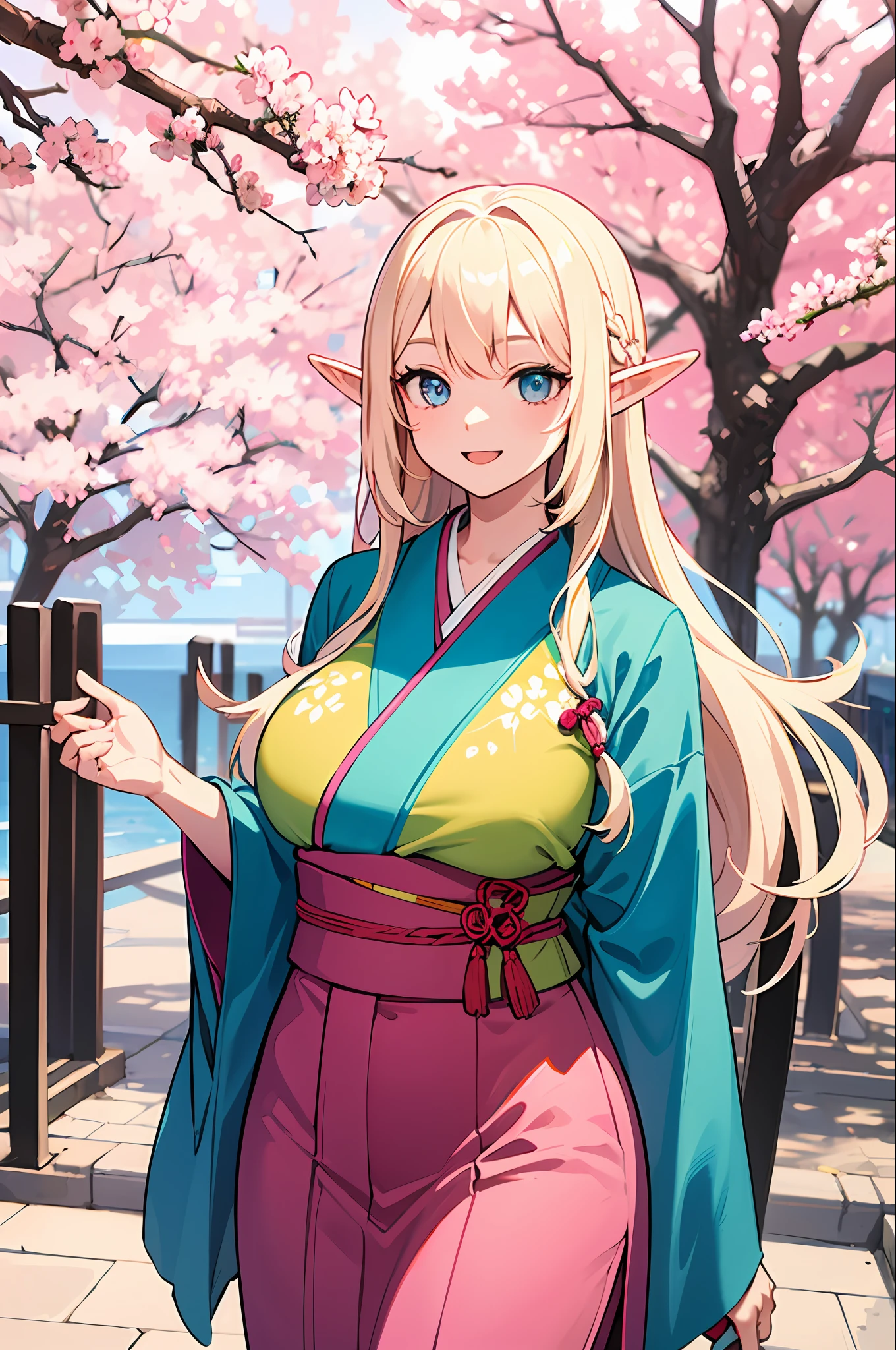 An elf with a large body, long straight yellow hair, blue eyes, friendly expression, dressed in a pink kimono, on a pink background, cherry blossom tree