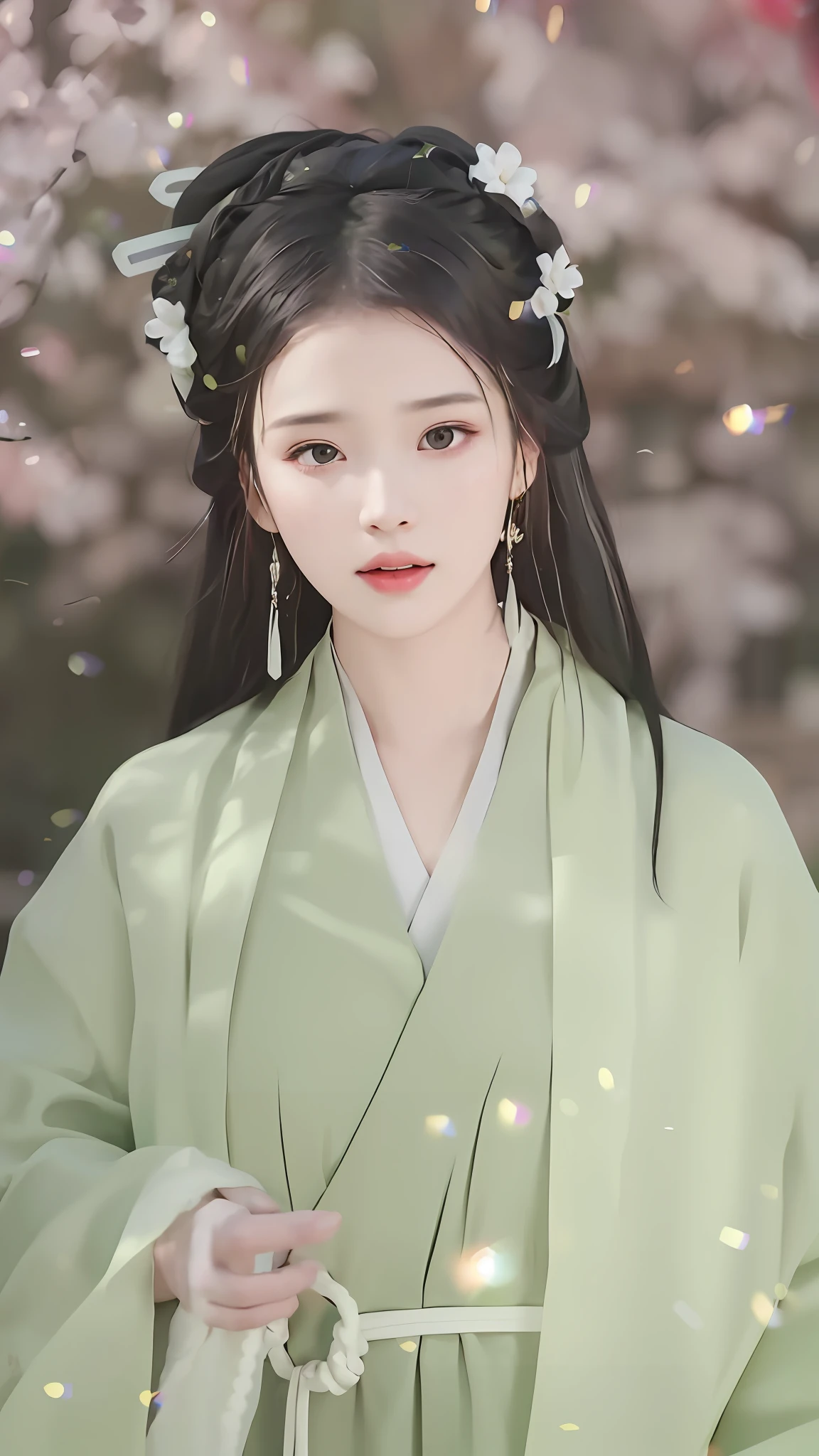 Close-up of a woman in a green dress，A flower stuck in his hair, royal palace ， A girl in Hanfu, wearing ancient Chinese clothing, Inspired by Qiu Ying, Inspired by Huang Ji, with acient chinese clothes, inspired by Zhang Yan, ancient chinese beauties, Hanfu, inspired by Gu An, ancient chinese princess, style of guo hua