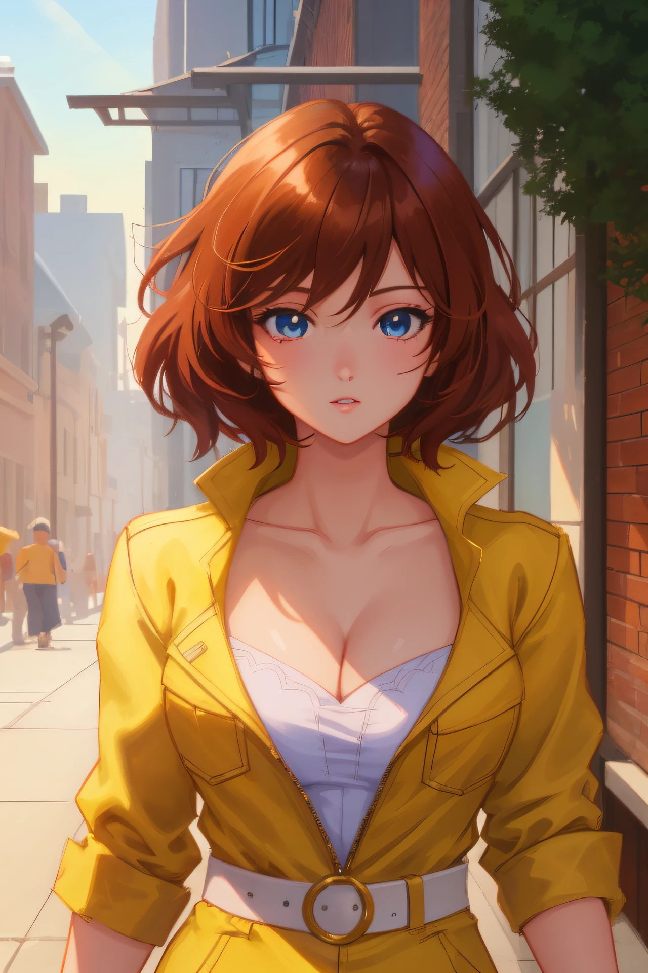 anime, aprnil, 1girl, solo, in yellow jumpsuit, short red hair, brown eyes, 8k, ((half-body)), cleavage, masterpiece, detailed face, smooth soft skin, big dreamy eyes, beautiful intricate colored hair, symmetrical, anime wide eyes, soft lighting, concept art, digital painting,