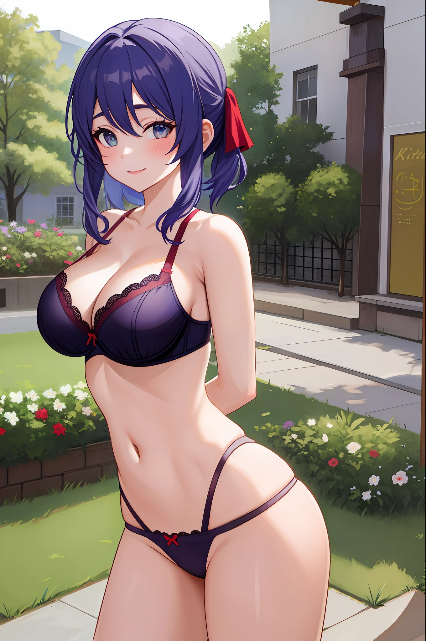 Mona_genshin, 1 girl,(smile), (upper body:1.2), (standing),solo,(1 girl in the photo:1.5),(alone:1.5),(looking at viewer:1.4),(arms behind back:1.5),( head ornament),dark blue hair,beautiful detailed aqua eyes,(huge breasts), (azur bra:1.5),(azur thong:1.5),(bare arms:1.5),(bare legs:1.5), chrome high heels,(from below:1.2),outdoors,park,lawn,station,flowers,