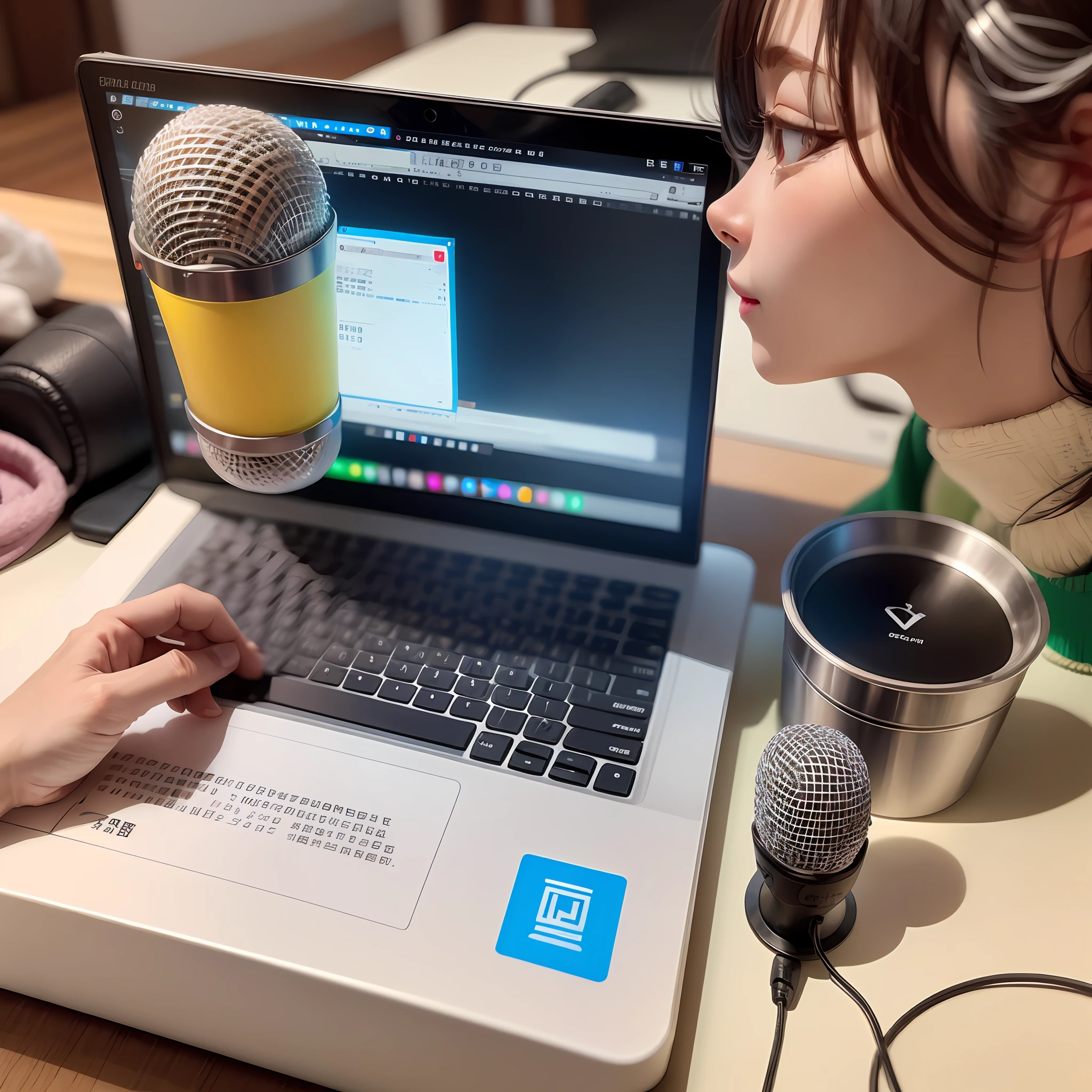 There is only one microphone on the table,Do not appear any text symbols or so on the surface of the microphone,A little decoration on the table,Give this USB stick a close-up,Overall bright style。