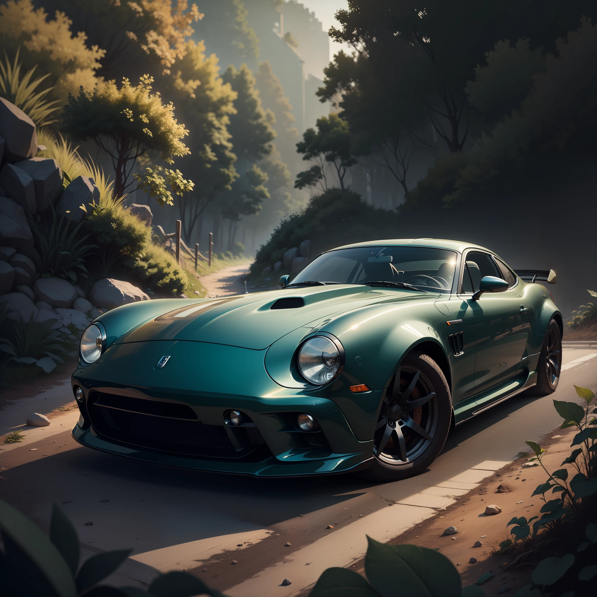digital art car illustration drawing, in the style of oil paintings, dark emerald and light brown, 32k uhd, cobra, vibrant, exaggerated scenes, nature scenes, hard-edge painting