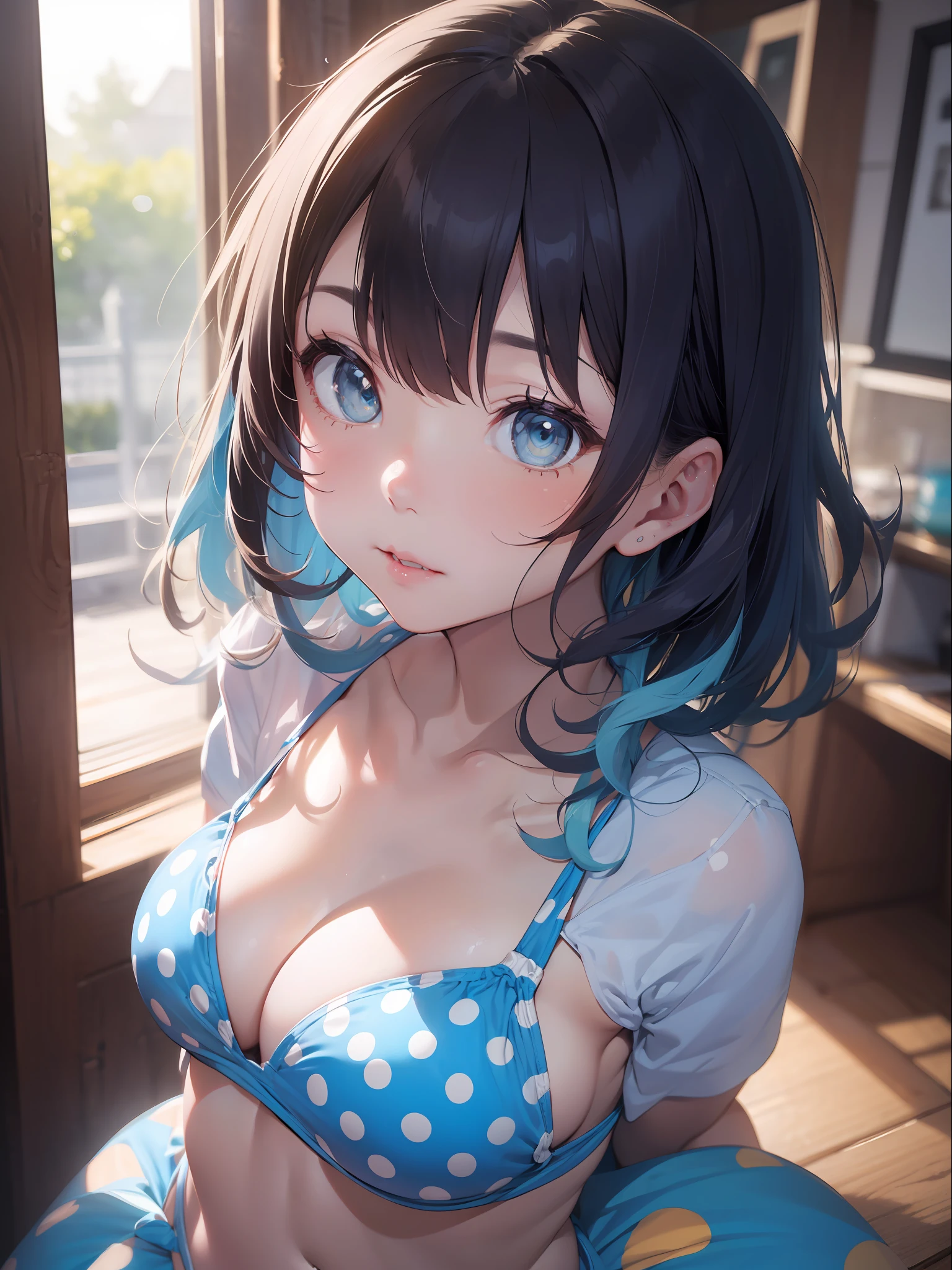 1girl、Beautiful Korean cat-eared girl、(Cute loose bob hair、hair flowing)、(Wearing a light blue polka dot bikini:1.5)、(Red Lips、Small Chest、toned stomach、ceyelashes、aegyo sal)、Immersive backgrounds、global illumination、natural beautiful light、(BEAUTIFUL DETAILED EYES、Symmetrical Eyes)、(8k、RAW Photography、master masterpiece、high definition RAW color photo、The Highest Quality、高精細CG統一8K壁紙)、(Best shadow、the best illustration)、 physically based rendering、high-contrast、rich color