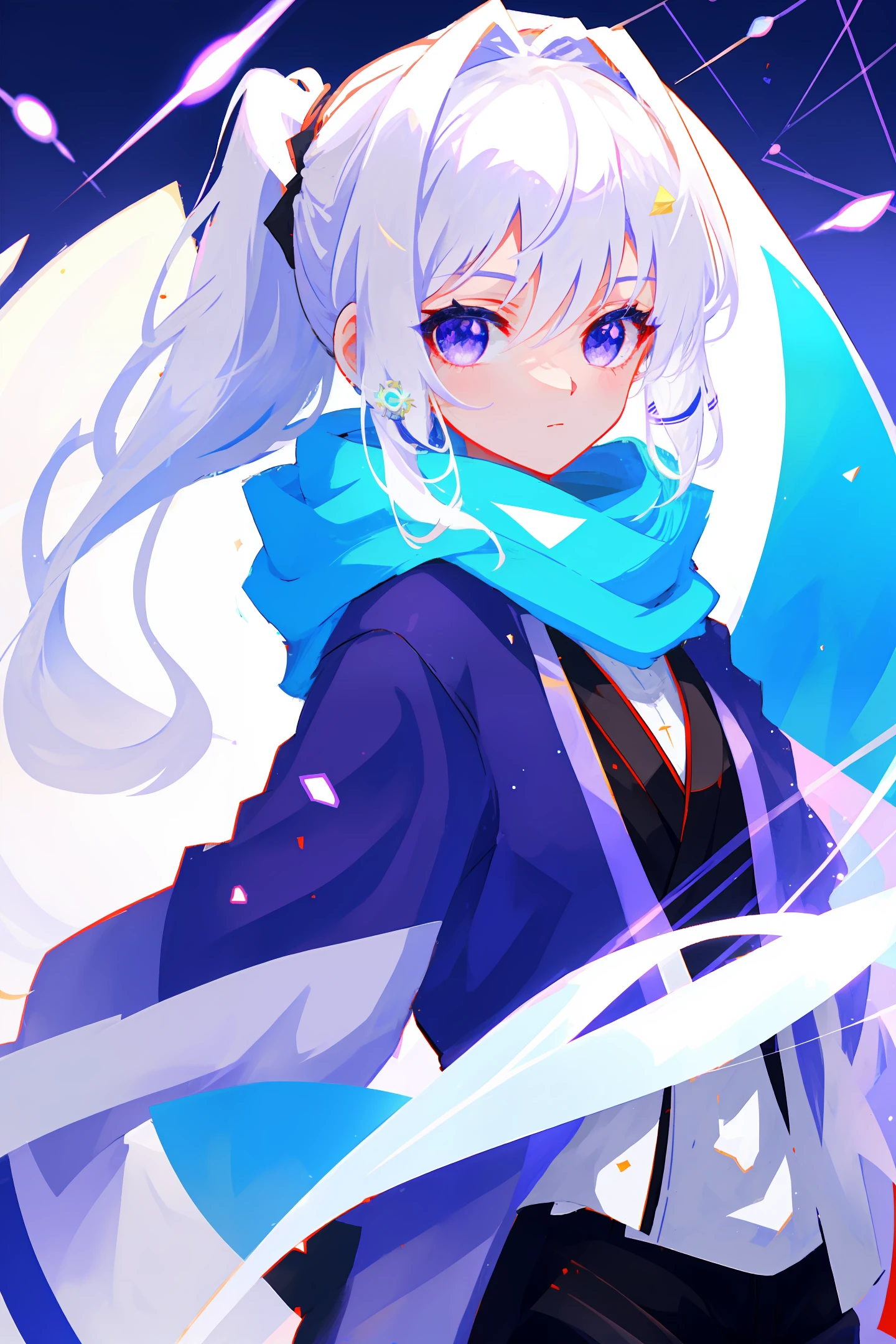 upper body, 1girl, white hair, ponytail, purple eyes, (ninja), short sword, medium breats ,scarf, wallpaper, magic circle background, light particles, blue fire,