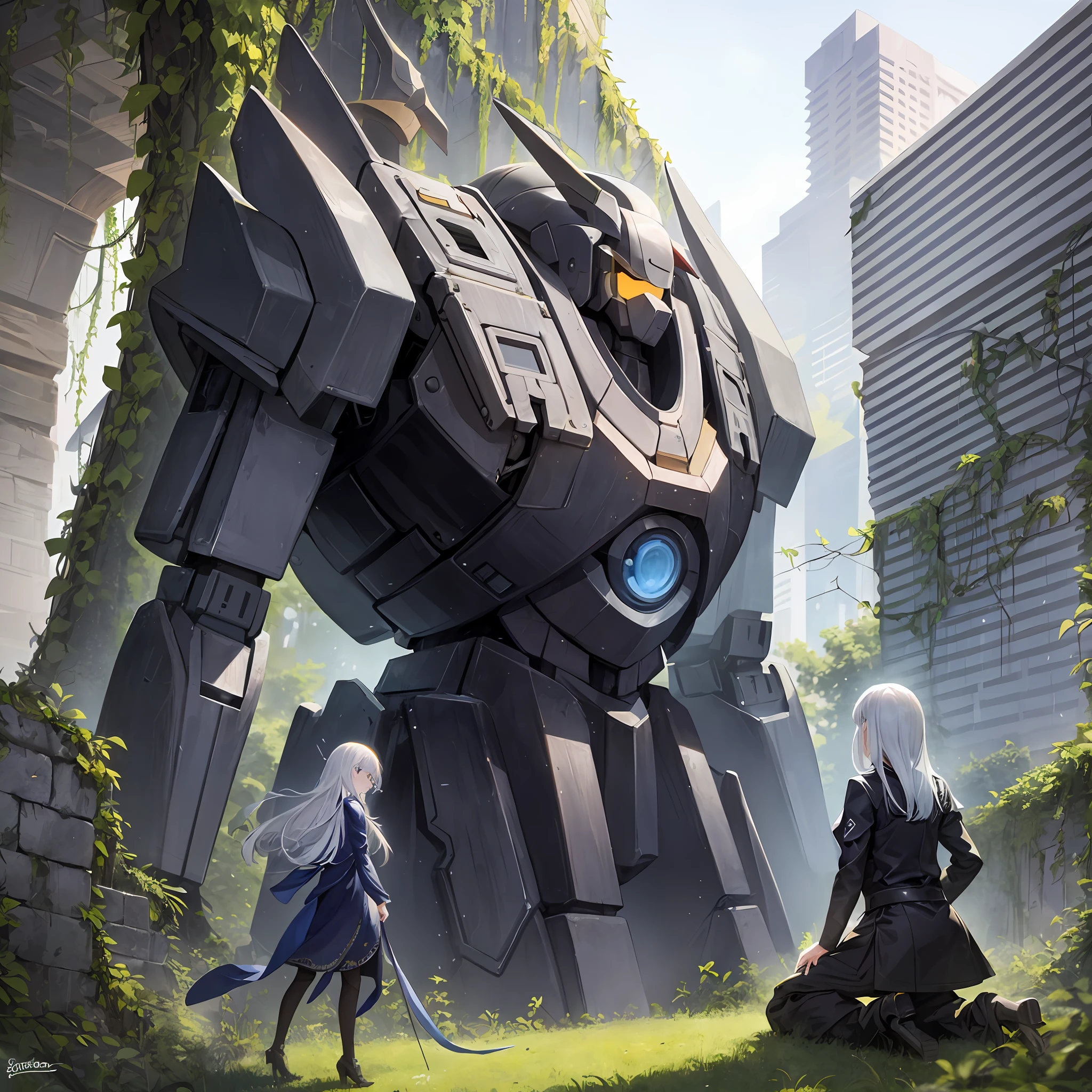 A giant robot half-kneels on the ground and looks down at a white-haired girl，The white-haired girl stood in the hands of the giant robot and looked up at the giant robot，Ceramic nail，Impactful graphics，Side view，Ruins overgrown with vines