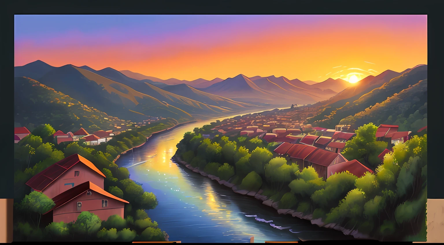 In the middle is a valley in Chanchoquín, Chile,The Transit Valley,There are a lot of trees on the ladder,Below is a small village,In the middle is a river,There is a bridge over the valley,digitally painting,homesick,Imaginary sunsets