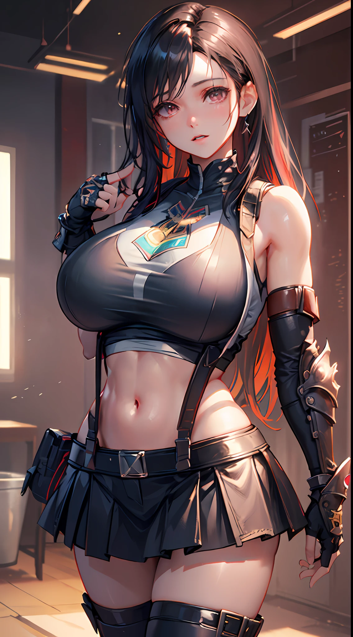 Unreal Engine 5 Realistic Render, (masterpiece, best quality), intricate details, (Best quality)), ((masterpiece)), ((realistic)), (hyperrealism:1.2), (fractal art:1.2),
1girl, 7rtifa, crop top, arm guards, fingerless gloves, suspenders, pleated miniskirt, black thighhighs, red boots
extreme detailed eyes, colorful, highest detailed,
vibrant colors, high contrast,
(8K UHD:1.2), (photorealistic:1.2), beautiful face, top body is hyper realistic thicc muscle and hyper largest_breasts!! with the type of boobs_melons, lower is huge buttocks, wet shiny body